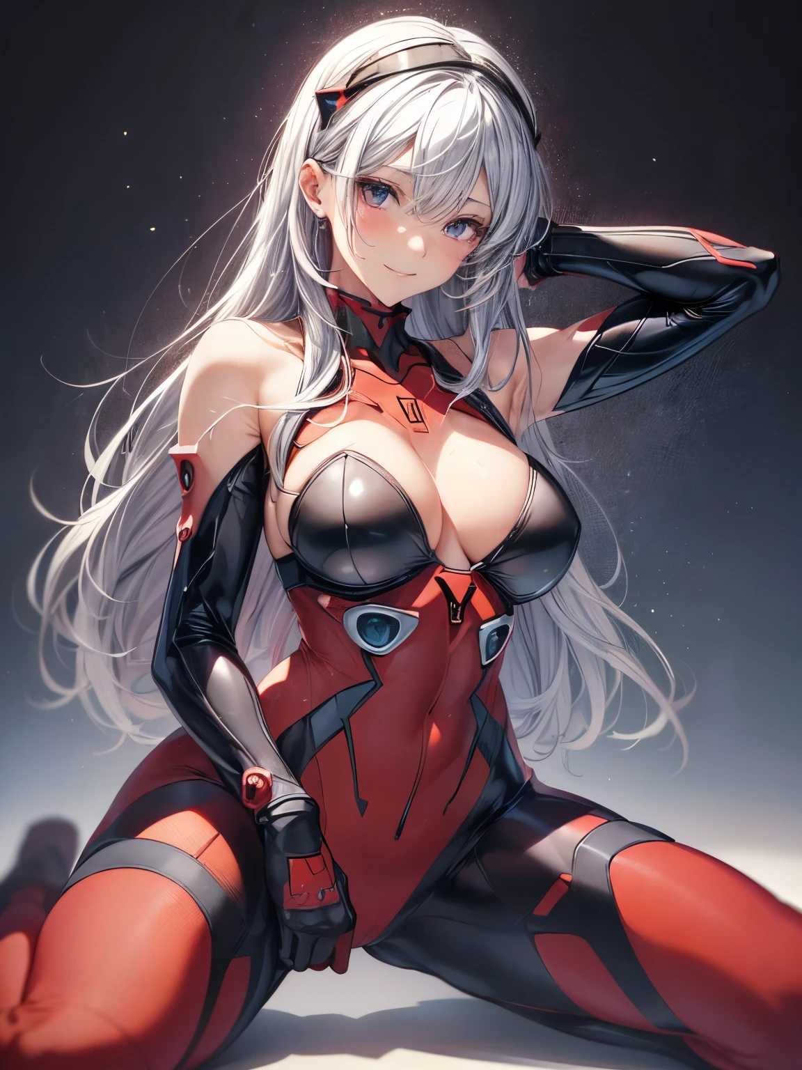 highest quality、All limbs、full finger、1 girl、((one beautiful woman、solo))、silver haired woman、Shoulder-length medium hair、straight hair、big breasted woman、big smile、naughty pose、((red full body evangelion plug suit:1.2))、No exposed skin、Woman on her knees