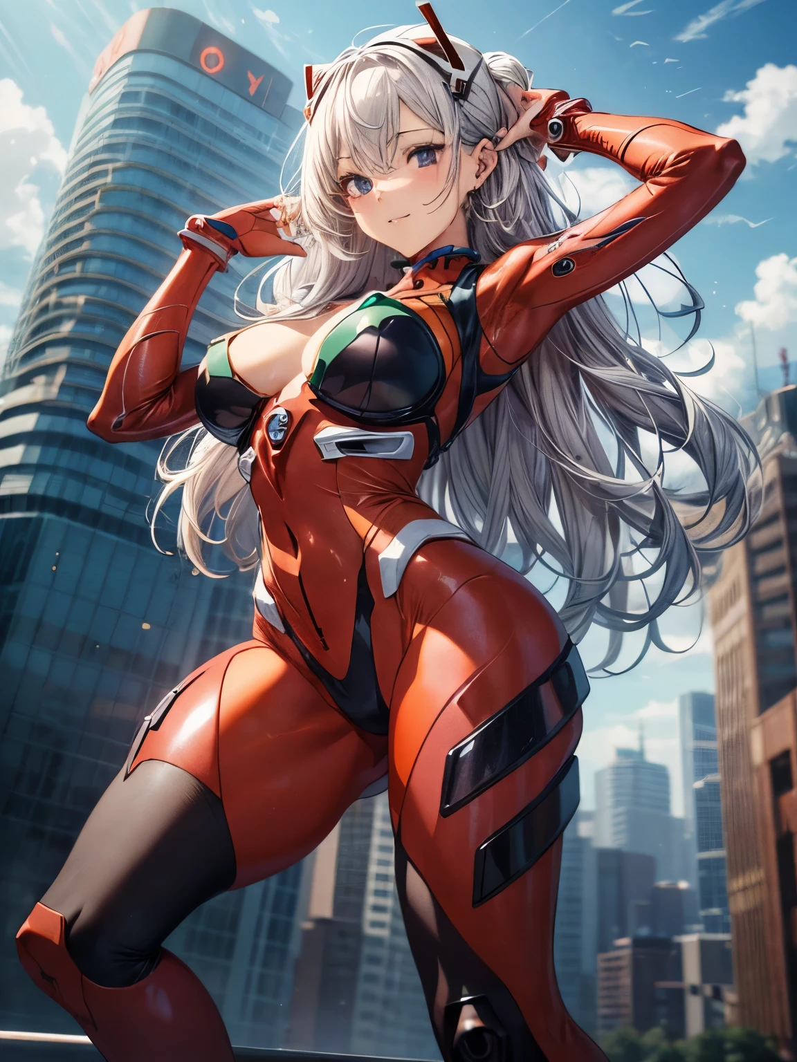 highest quality、All limbs、full finger、1 girl、((one beautiful woman、solo))、silver haired woman、Shoulder-length medium hair、straight hair、big breasted woman、big smile、naughty pose、(((red full body evangelion plug suit:1.2)))、sexy pose