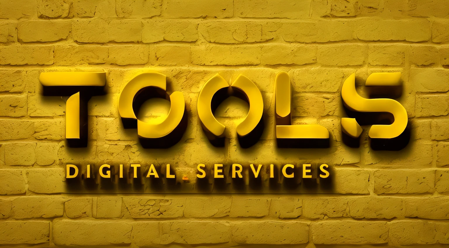 ultra qualidade, textura de tijolo amarelo no fundo, letras maiores em 3D e letras menores em 2D, sombra nas letras maiores, letras maiores em ouro