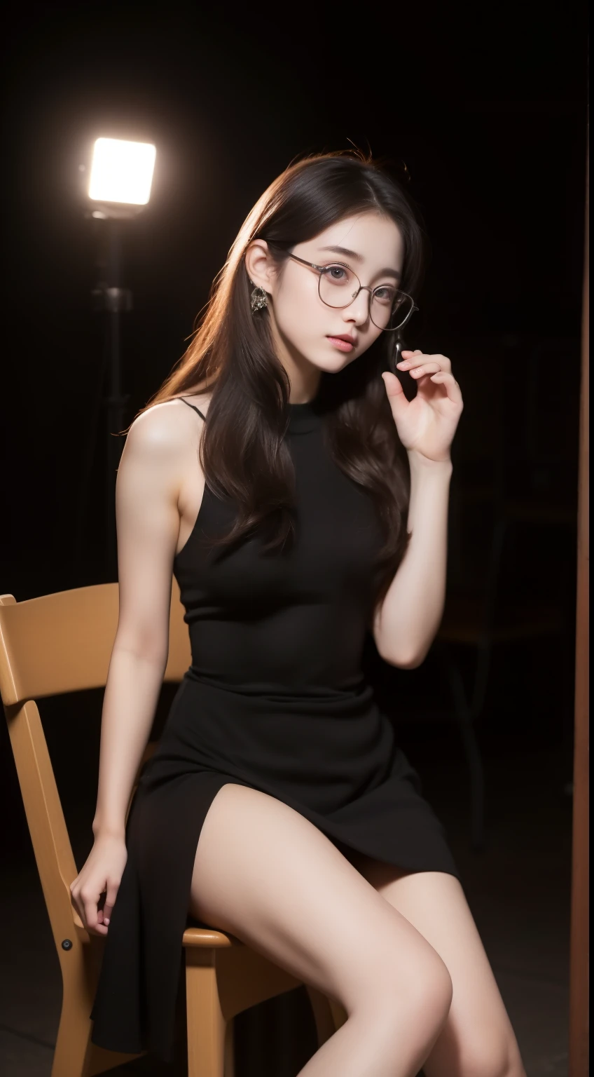 Beautiful young Margaret Qualley, , pale skin, Glasses, Large ankle earrings, Small dress, Dark High Waist Tights, High Balance, Midnight Moon, dark night, Pitch darkness, surreal, model body , small breasts, beautiful breasts, long hair, straight hair, Red-tipped hair, long legs, 8K, Super high resolution, highest quality, classroom, Korean school, Portrait Raw, Cherry Blossom, environmental lighting, detailed shadow, Camera focus on thigh, sexy pose, sitting on a school chair, Spread the flashlight legs