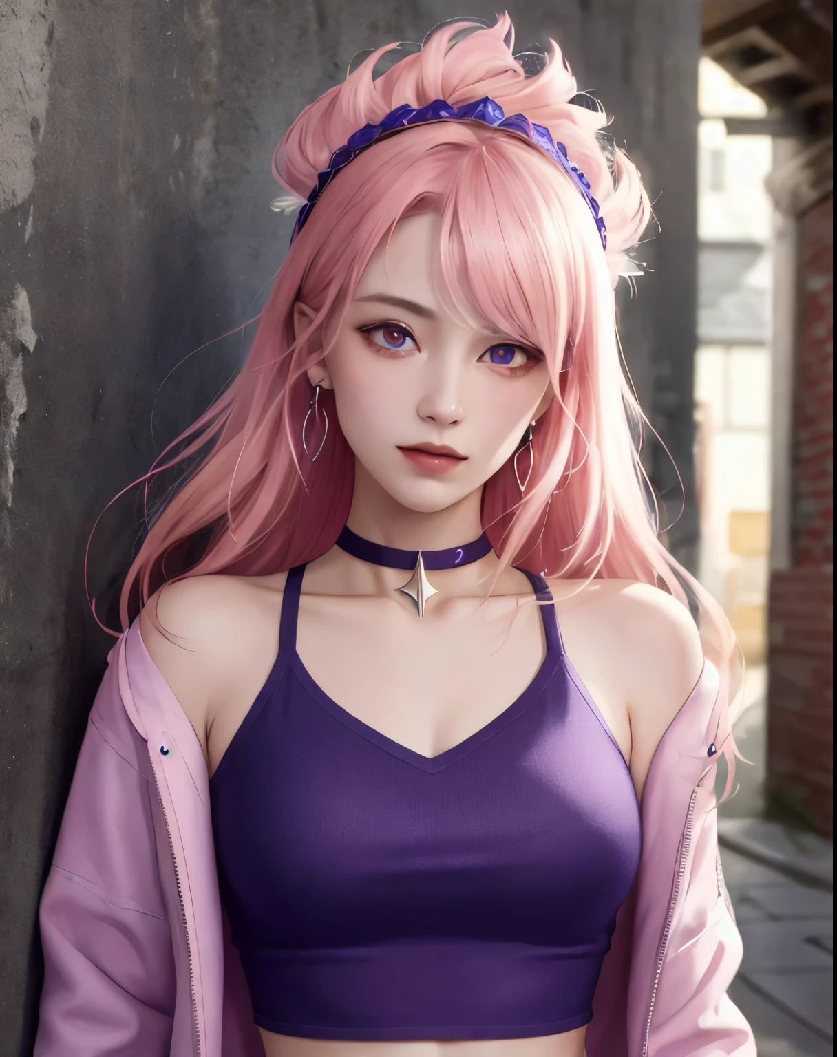 (masterpiece, highest quality, 1 girl, alone, intricate details, chromatic aberration), realistic, ((Medium breathing)),long hair, pink hair, Red headdress, pink highlights, hair above one eye,purple eyes, earrings, clear eyes, choker, Neon Shirt, open jacket, crop top, (eye of symmetry),(perfect symmetrical body),towards the wall, brick wall, graffiti, dim lighting, alley ,look at the audience,Bust emphasis