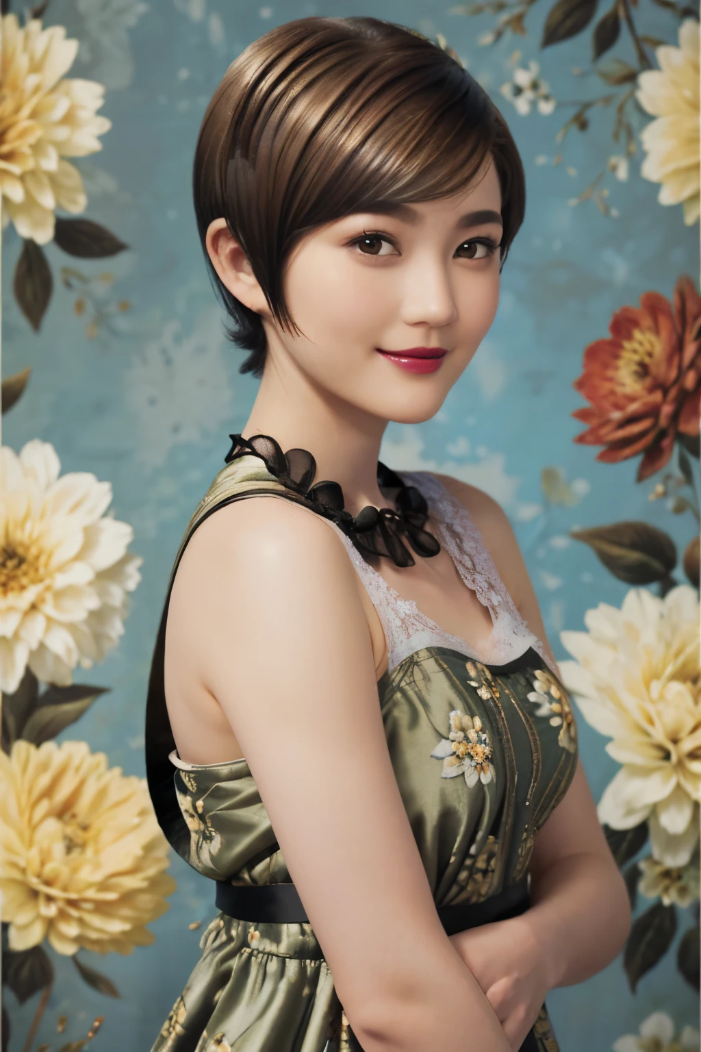152
(20 year old woman,floral pattern dress), (Super realistic), (high resolution), ((beautiful hairstyle 46)), ((short hair:1.46)), (gentle smile), (brest:1.1), (lipstick)