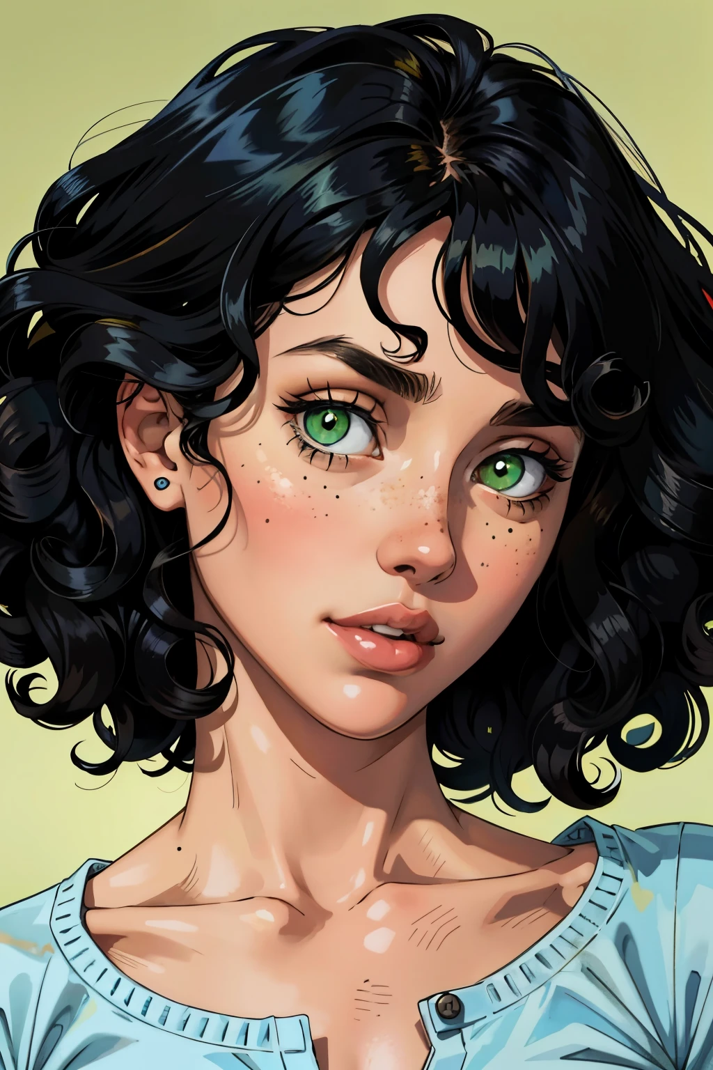 one girl, slim face, innocent face, black curly hair, curly bangs, green eyes, pecas, palid skin, blue top, retrato