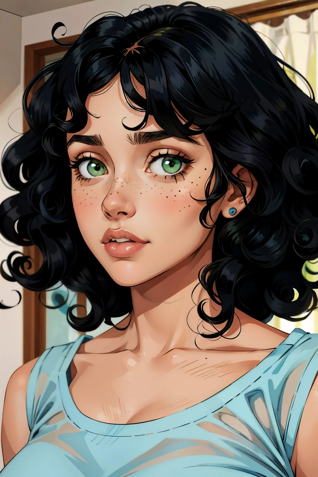 one girl, slim face, innocent face, black curly hair, curly bangs, green eyes, pecas, palid skin, blue top, retrato
