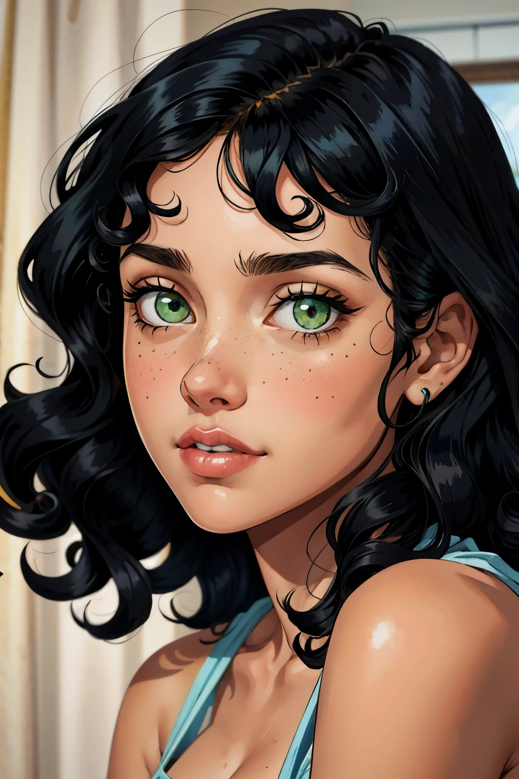 one girl, slim face, innocent face, black curly hair, curly bangs, green eyes, pecas, palid skin, blue top, retrato