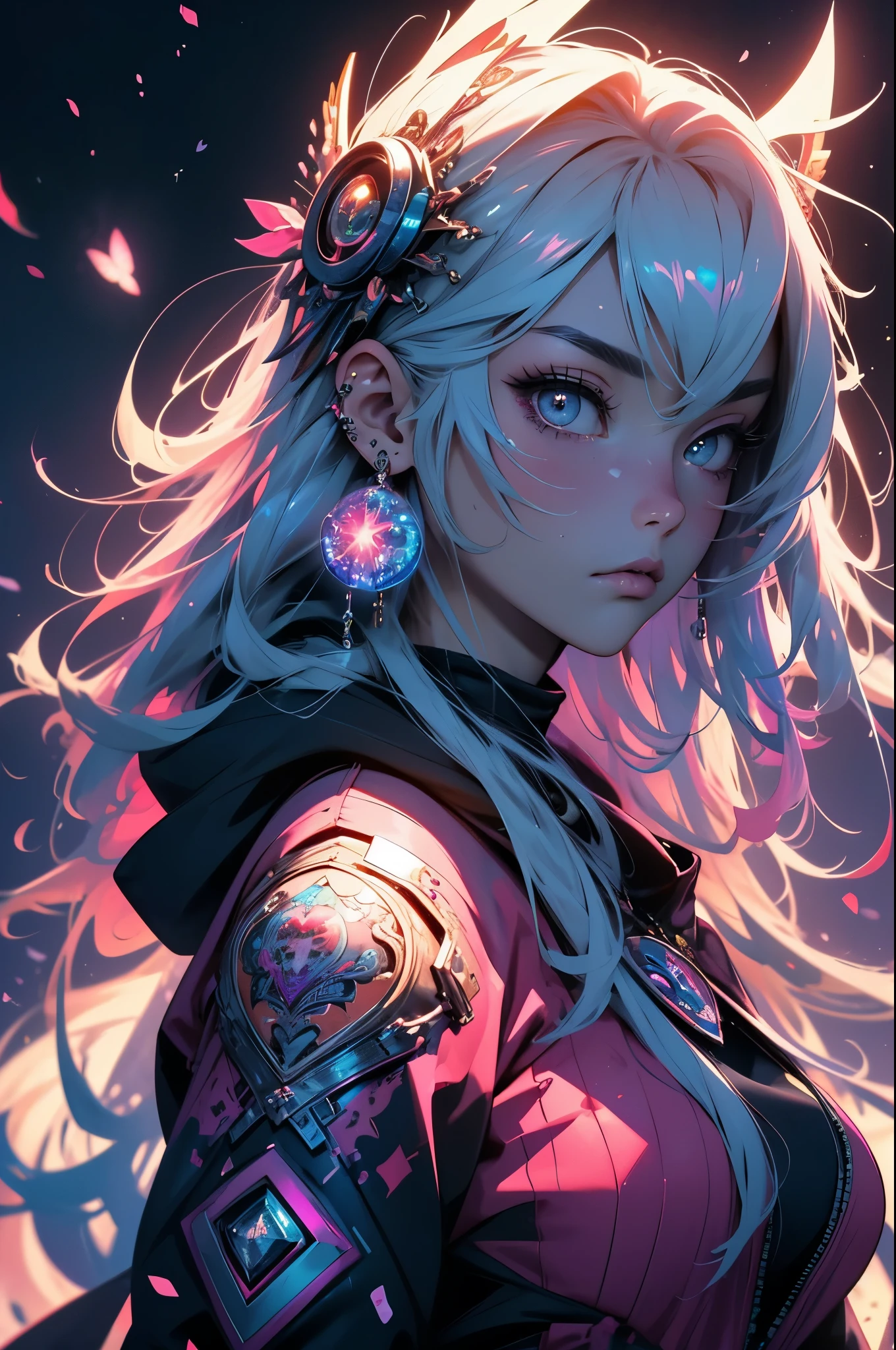 (masterpiece, top quality, best quality, official art, beautiful, cosmic, atmospheric, psychedelic, dreamlike and aesthetic, the most beautiful and highly detailed Harajuku-inspired hooded cyberpunk battle armor, super huge enormously gigantic tits, tons of tattoos and piercings:1.2), (1girl), extreme detailed,(fractal art:1.3),colorful,highest detailed, cherry blossoms blowing in the wind 