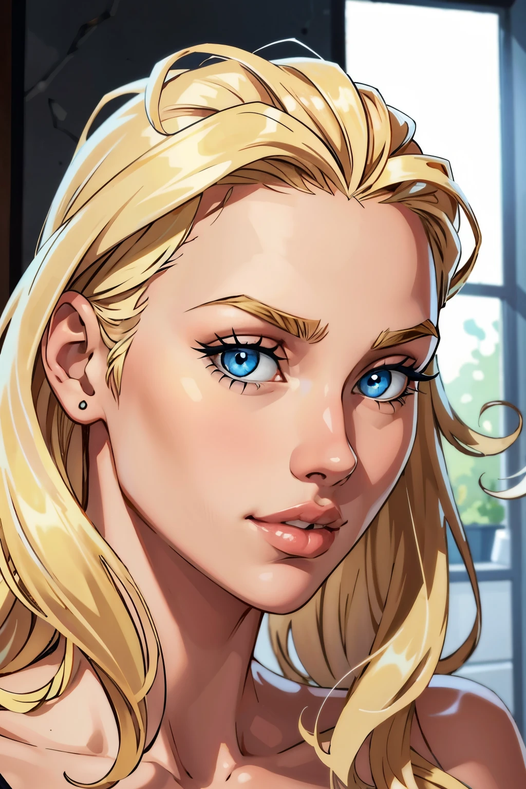 one girl, staright blonde hair, light blue eyes, big nose, thin lips,