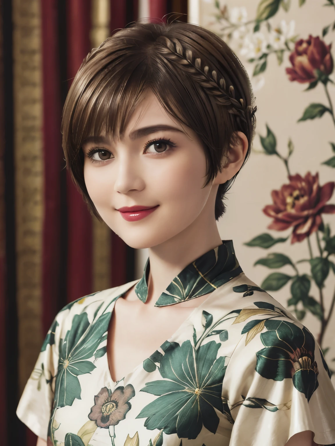 152
(20 year old woman,floral pattern dress), (Super realistic), (high resolution), ((beautiful hairstyle 46)), ((short hair:1.46)), (gentle smile), (brest:1.1), (lipstick)
