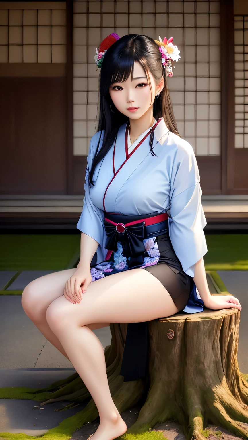Japanese girl, looking at the viewer, (8k, raw photo, masterpiece:1.3), (realist, photorealist:1.1), 1 girl, Best Quality ,hyper detailed, High resolution, Skinny body, (happy, happy,smile:0.9), casa oriental, outdoor, field, thighs, (kimono:1.2),medium chest, long black hair