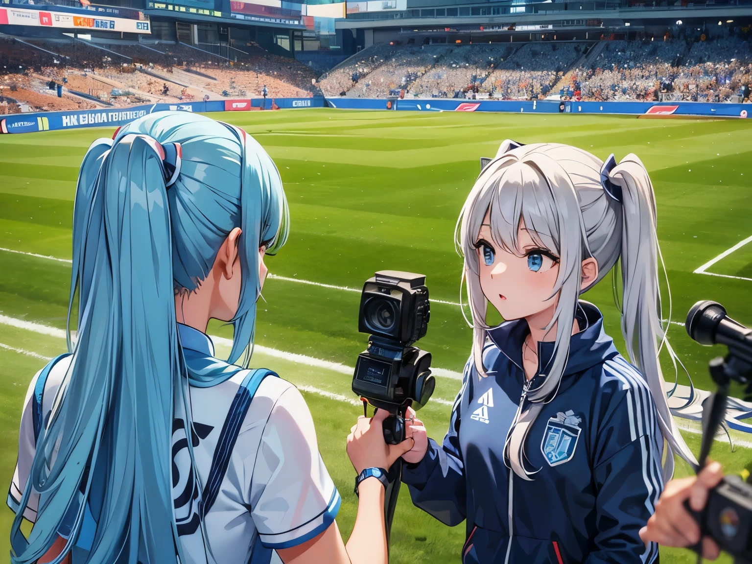 light blue long hair Beautiful girl interviewer with twin tails with TV cameraman Interview with a soccer player - on the stadium ground Cameraman while taking pictures of the players A beautiful girl interviewer points the microphone at the players while the audience looks on.