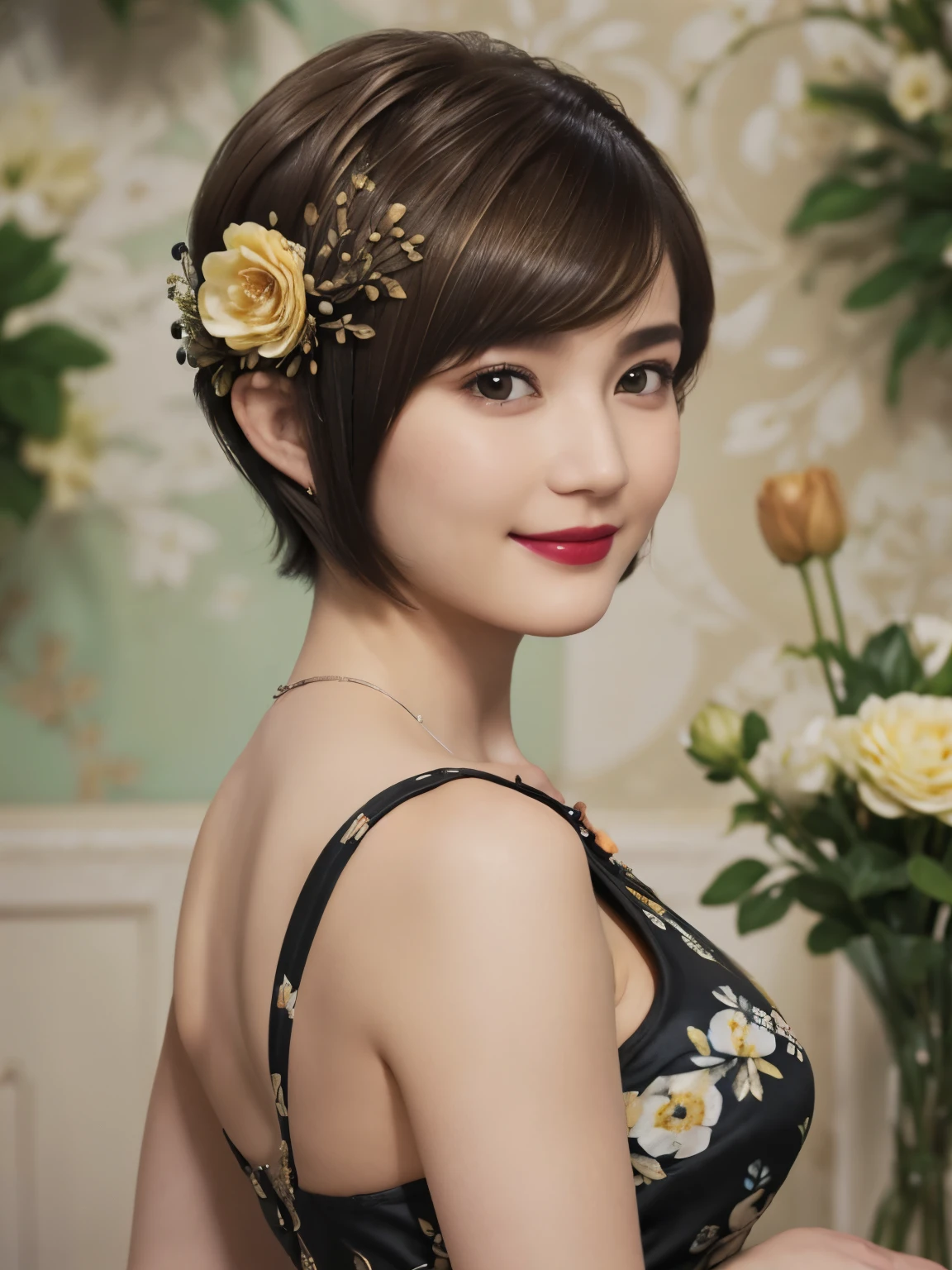 152
(20 year old woman,floral pattern dress), (Super realistic), (high resolution), ((beautiful hairstyle 46)), ((short hair:1.46)), (gentle smile), (brest:1.1), (lipstick)