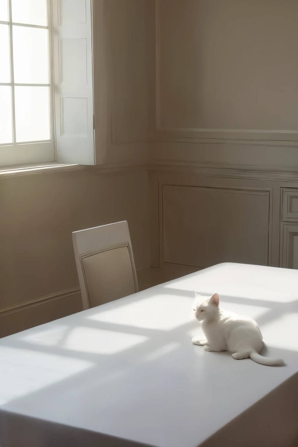 Masterpiece of light and shade, big window casting in brilliant sunrays, table set with pristine white tablecloth, a graceful white cat perched elegantly, absorbing the warmth, paws delicately placed under chin, fur glowing under the soft, warm light, ultra high resolution, exquisitely intricate, photorealistic. (realism: 1.4)