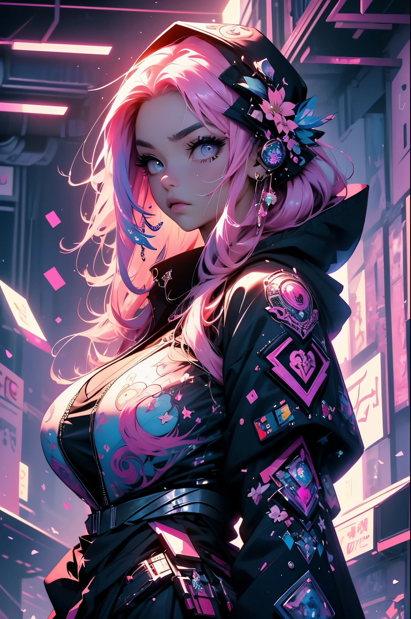 masterpiece, highest quality, Cyberpunk girls, Pop costumes inspired by Harajuku, Bold colors and patterns, eye-catching accessories, Trendy and innovative hairstyles, bright makeup, Cyberpunk dazzling cityscape, skyscraper, neon sign, led lights, Bright and vivid color scheme, The overall color is pink,anime, figure, fine skin texture, fine cloth texture, beautiful detailed face, intricate details, Super detailed,Has an elongated sword,