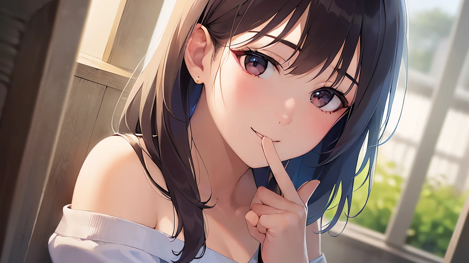 (cinematic angle:1.5), holding a handkerchief, real person, RAW photo, photorealistic, portrait photography, shiny skin, japanese idol, 前髪のある25歳の女性、(medium hair) and (brown hair) and (brown eyes), green Off-shoulder Blouse, shy, smile、背景はリビング、一人きり、上半身が写っている
