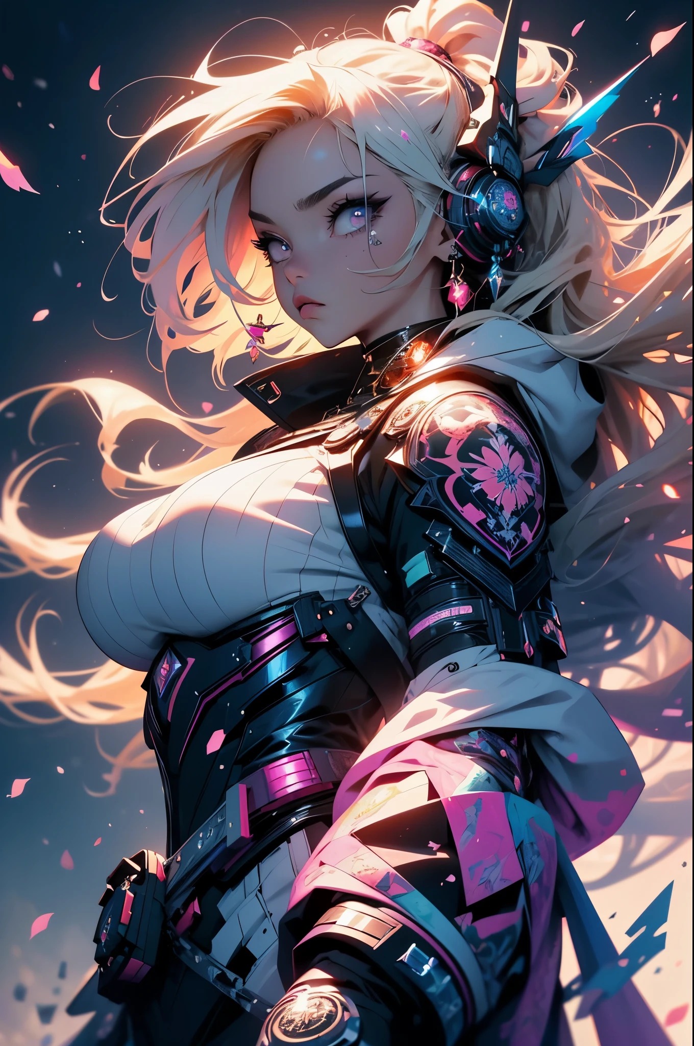 (masterpiece, top quality, best quality, official art, beautiful, cosmic, atmospheric, psychedelic, dreamlike and aesthetic, the most beautiful and highly detailed Harajuku-inspired hooded cyberpunk battle armor, super huge enormously gigantic tits, tons of tattoos and piercings:1.2), (1girl, blonde hair, dynamic sexy seductive slutty pose), extreme detailed,(fractal art:1.3),colorful,highest detailed, cherry blossoms blowing in the wind