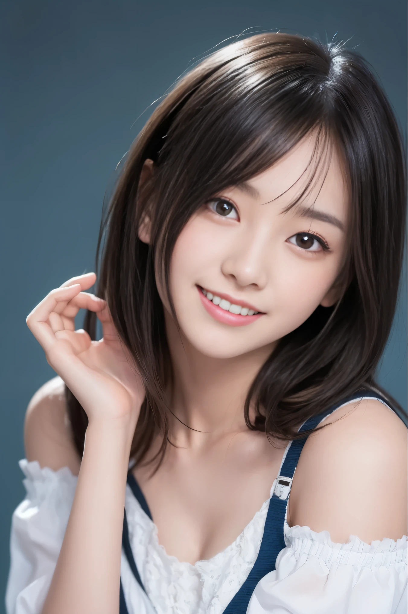 Bright pink background、highest quality、ultra high resolution、Beautiful woman、cute、alone、japanese woman。full body shot、beautiful 15 year old student、high school girl、laughter。Young female model showing off her beautiful big breasts。Depiction of super beautiful breasts、bright look、photorealism、extraordinary beautiful girl、beautiful face、(face to face with the children)、shining white skin、light brown straight hair、thin hair、Attractive beautiful brown eyes、double eyelid、、fashionable girl。Dark blue uniform skirt、You can see her shoulders, collarbone, and beautiful breasts through the white shirt..。full body portrait。Healthy face。Skin Care Cosmetics、professional lighting。