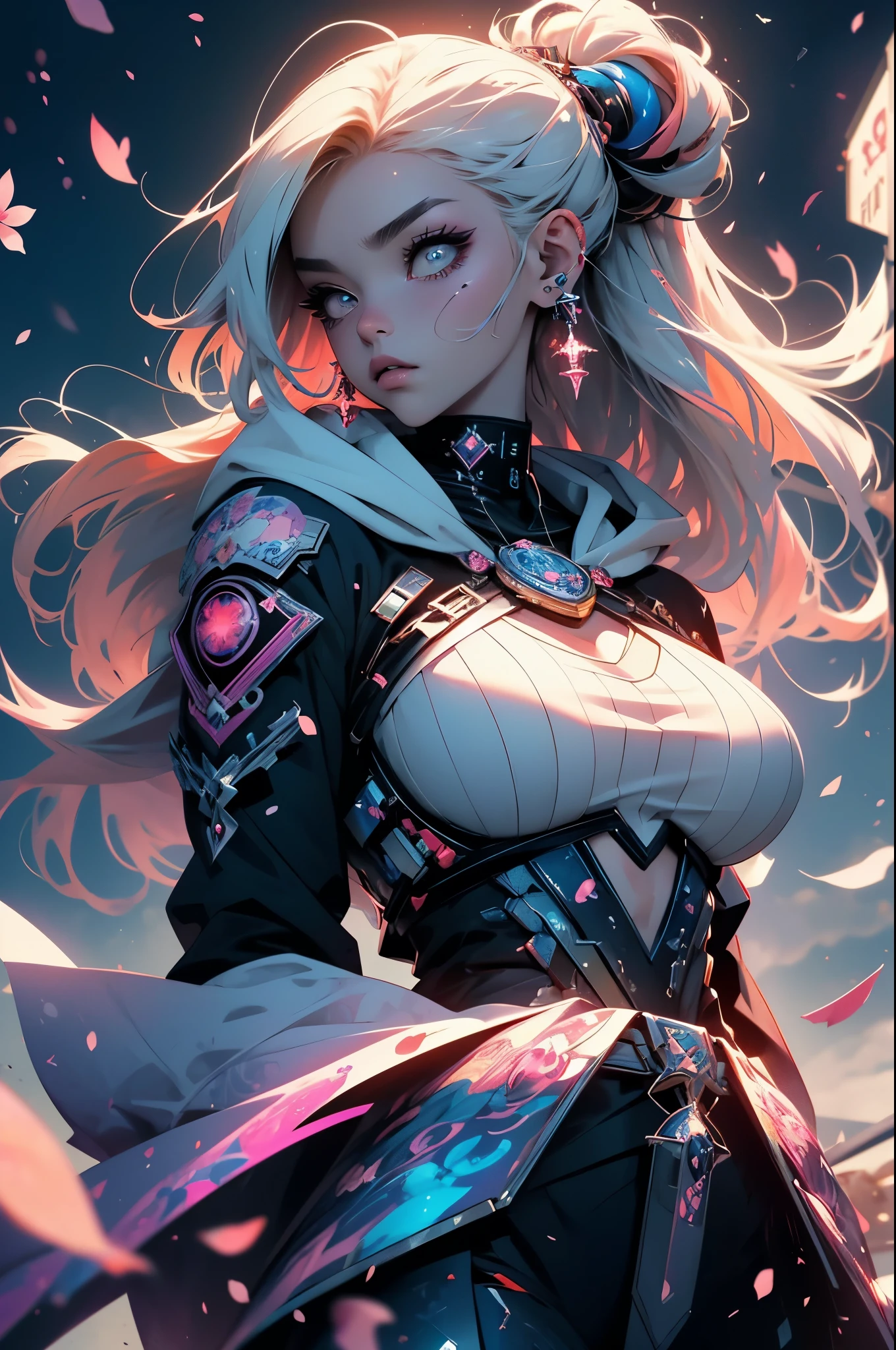 (masterpiece, top quality, best quality, official art, beautiful, cosmic, atmospheric, psychedelic, dreamlike and aesthetic, the most beautiful and highly detailed Harajuku-inspired hooded cyberpunk battle armor, super huge enormously gigantic tits, tons of tattoos and piercings:1.2), (1girl, blonde hair, dynamic sexy seductive slutty pose), extreme detailed,(fractal art:1.3),colorful,highest detailed, cherry blossoms blowing in the wind 