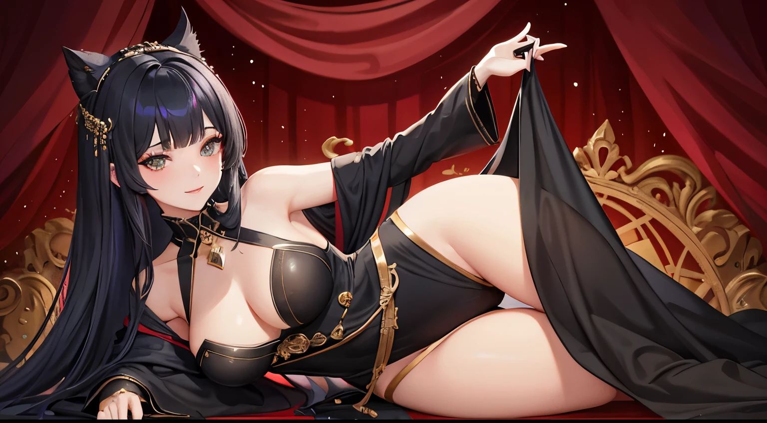 In the heart of serenity, a solo girl with raven-black cascading locks, gracefully dressed in a snug-fitting, form-flattering black gown that highlights her slender figure and exquisitely sculpted legs, sparks intrigue in the beholder. Her captivating heterochromia, one captivating deep-red and the other a dazzling yellow, infuses an enchanting allure to her mystique. With a medium-toned brow and a demure smile that lights up her delicate, ultra-detailed face, she gazes intently into the camera lens, inviting the viewer into her captivating realm.
Her vol