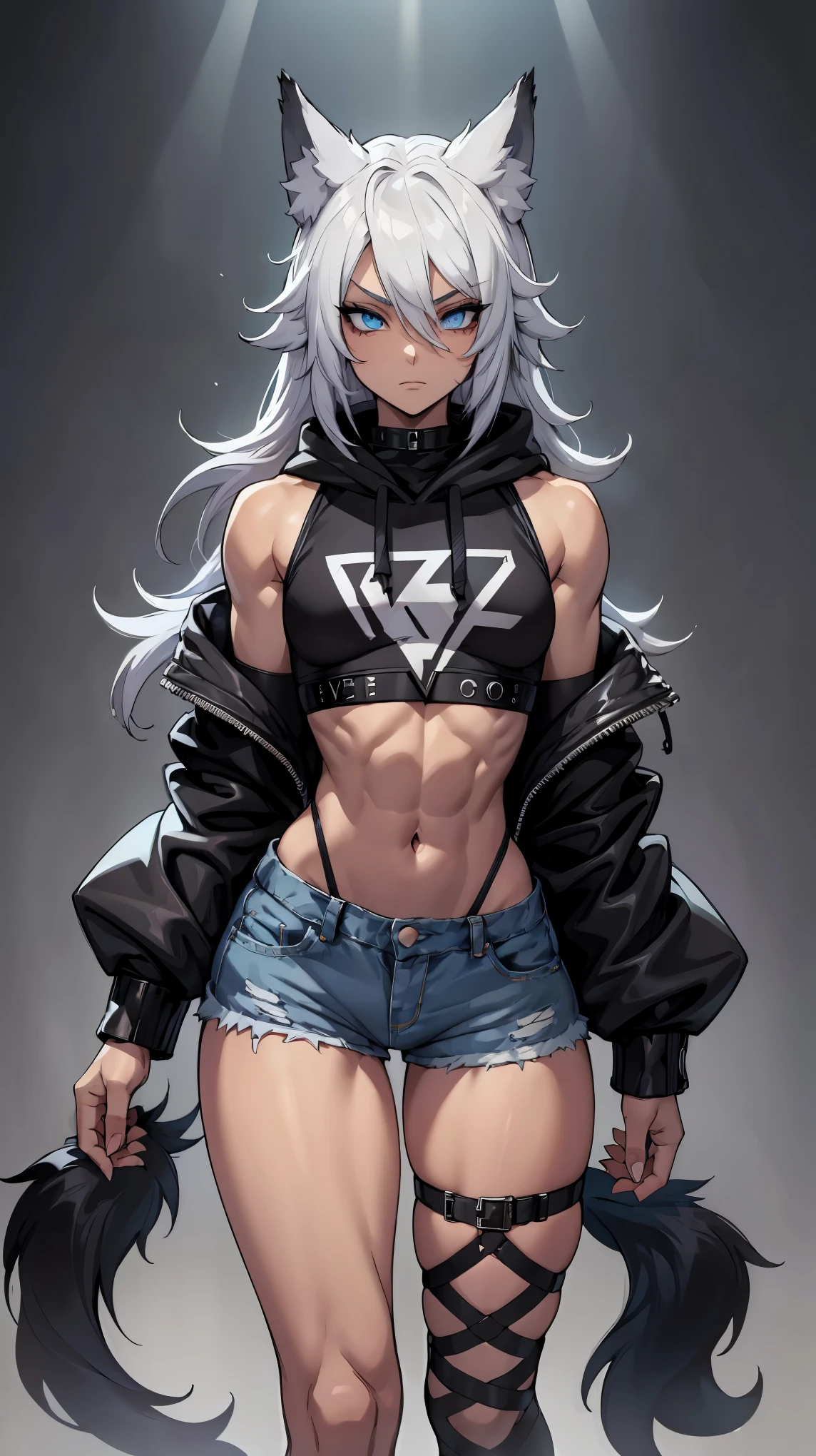 male, Short, has Long white hair, has wolf ears, has wolf tail, has blue eyes, wearing denim short shorts, thigh high fishnets, black combat boots, wearing cropped black hoodie, flat chest, super flat chest, solo femboy, only one femboy, ((FLAT CHEST)), (ALONE),(SOLO), Alone, solo, wide hips, skinny thighs,
