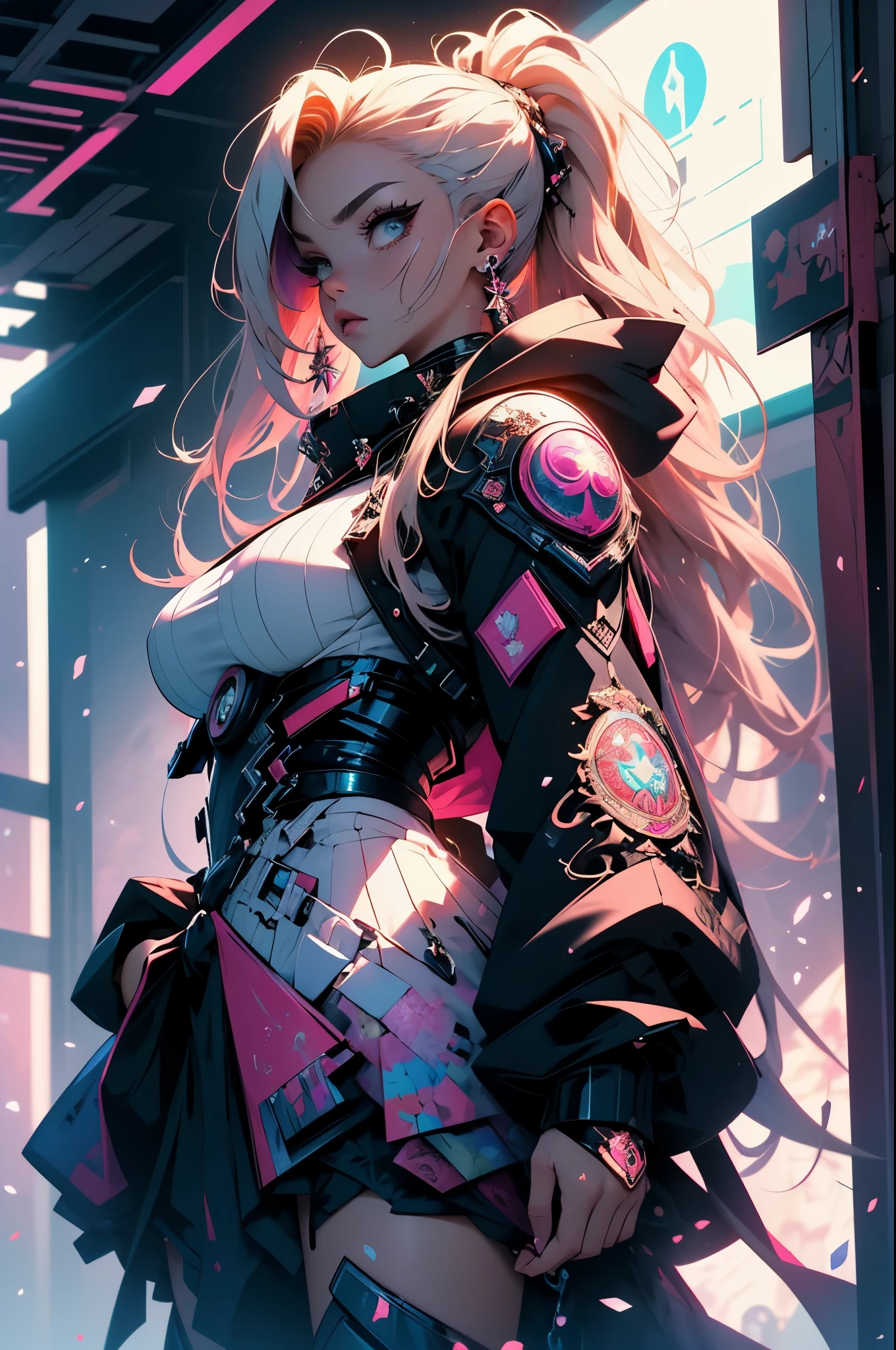 (masterpiece, top quality, best quality, official art, beautiful, cosmic, atmospheric, psychedelic, dreamlike and aesthetic, the most beautiful and highly detailed Harajuku-inspired hooded cyberpunk battle armor, super huge enormously gigantic tits, tons of tattoos and piercings:1.2), (1girl, blonde hair, dynamic sexy seductive slutty pose), extreme detailed,(fractal art:1.3),colorful,highest detailed, cherry blossoms blowing in the wind 