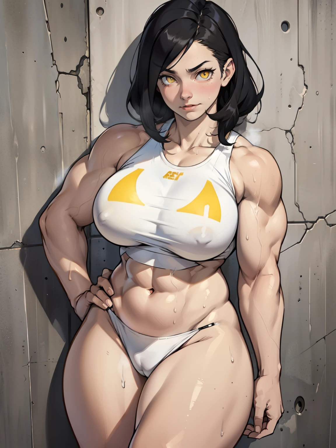 rape face (((muscular girl large breasts thick))) pale skin black hair yellow eyes sweaty drop shadow waistup