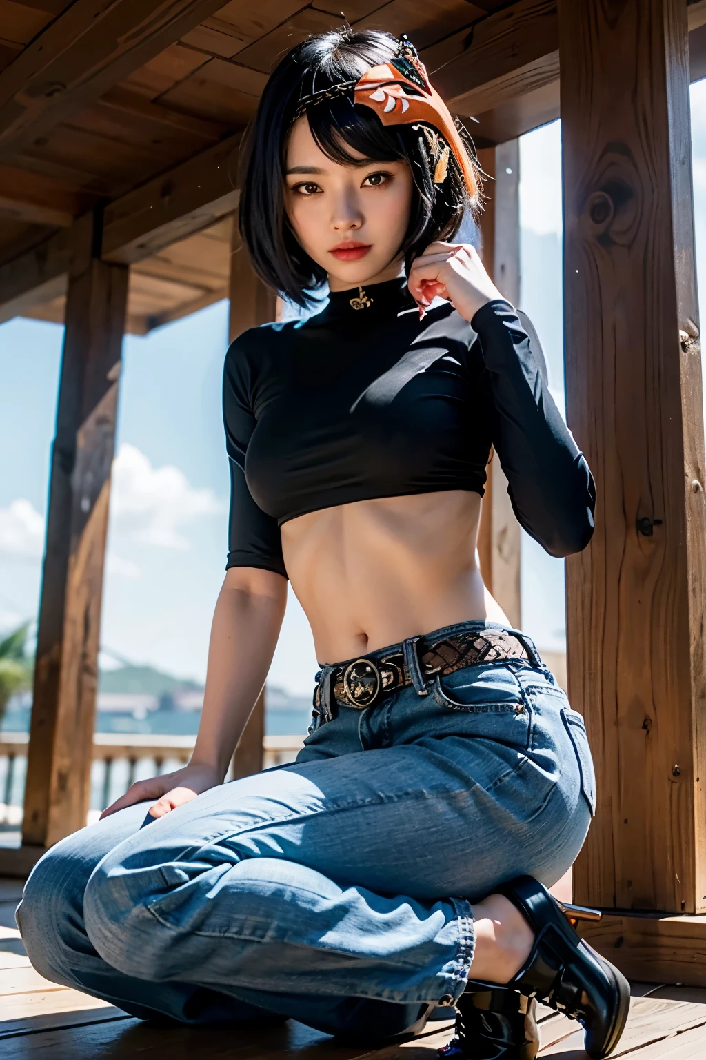 1girl, ((black long sleeved shirt, long dark blue jeans, iron belt, heels), (midriff, navel), looking at viewer, smile, beach, fashion pose, (kujou sara:1.3), mask on head, blue hair, short hair, yellow eyes, (cinematic lighting, best quality, masterpiece, high details, best quality, highres, HD,
4K, 8k, super detail)