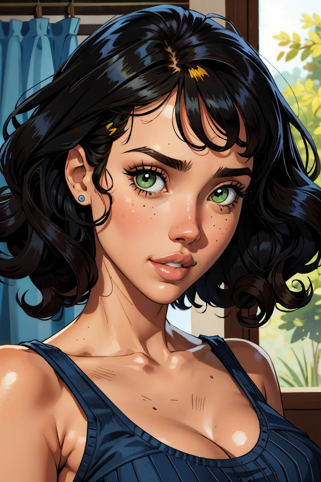 Jessica Alba, slim face, innocent face, black curly hair, curly bangs, green eyes, pecas, palid skin, thin lips, blue top, retrato