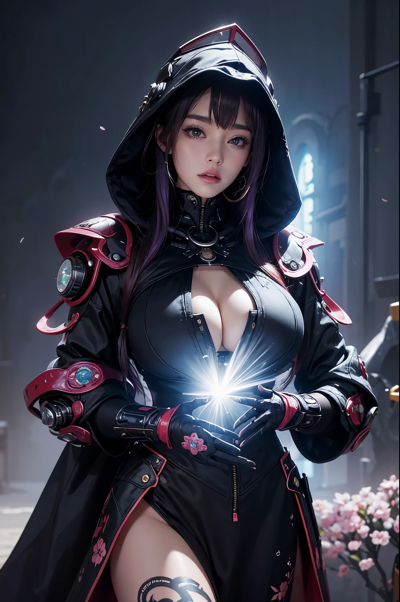 (masterpiece, top quality, best quality, official art, beautiful, cosmic, atmospheric, psychedelic, dreamlike and aesthetic, the most beautiful and highly detailed Harajuku-inspired hooded cyberpunk battle armor, super huge enormously gigantic tits, tons of tattoos and piercings:1.2), (1girl), extreme detailed,(fractal art:1.3),colorful,highest detailed, cherry blossoms blowing in the wind 