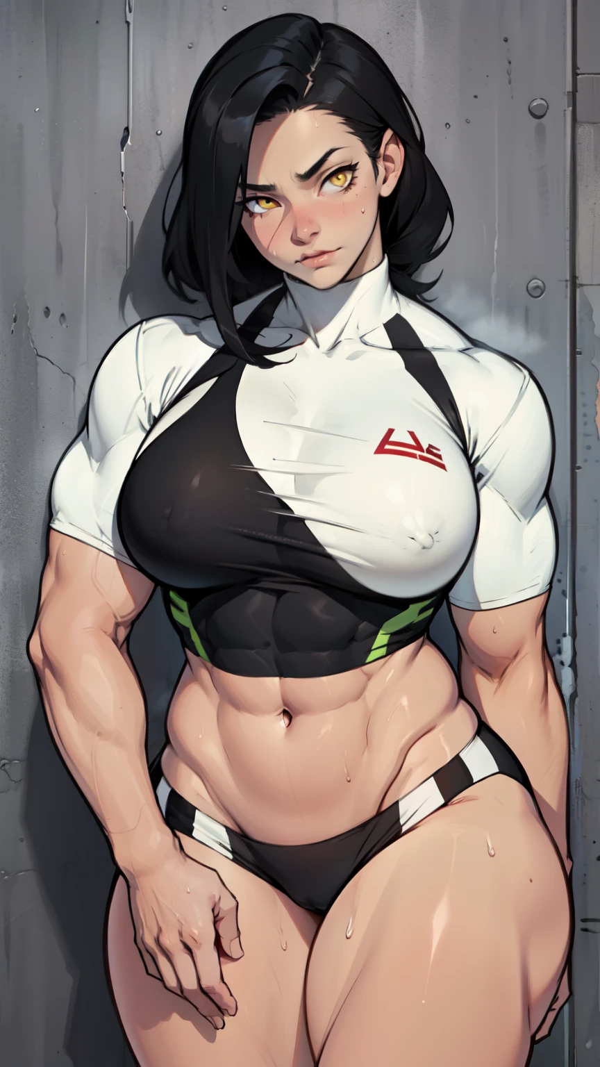 face (((muscular girl large breack))) pale skin black hair yellow eyes sweaty drop shadow waistup