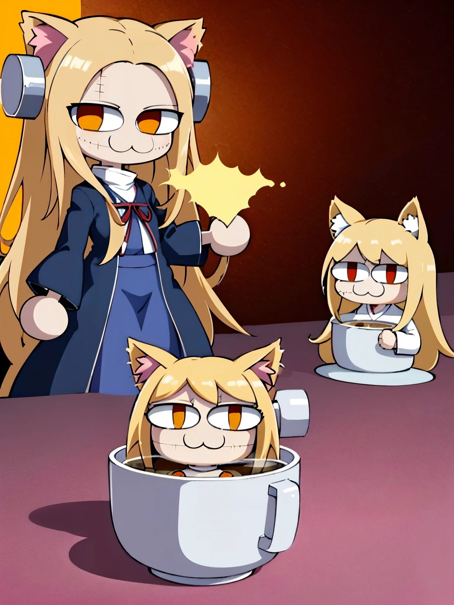 necoarc,madaraki_fran,young woman,Doctor's robe,costs,slit pupils, cat ears,blonde hair,chibi, :3,scars,seams,(yellow eyes),((It's a soup.))