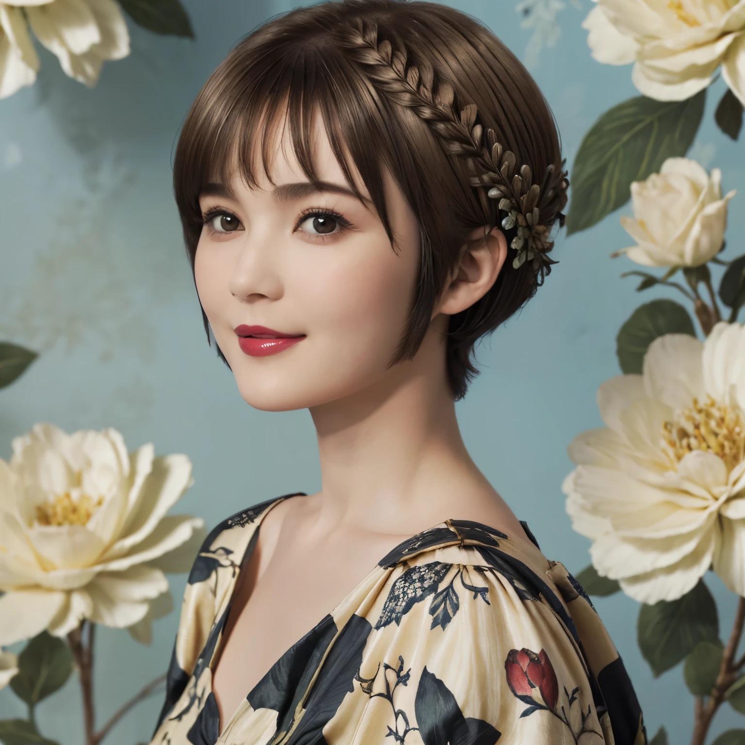 152
(20 year old woman,floral pattern dress), (Super realistic), (high resolution), ((beautiful hairstyle 46)), ((short hair:1.46)), (gentle smile), (brest:1.1), (lipstick)
