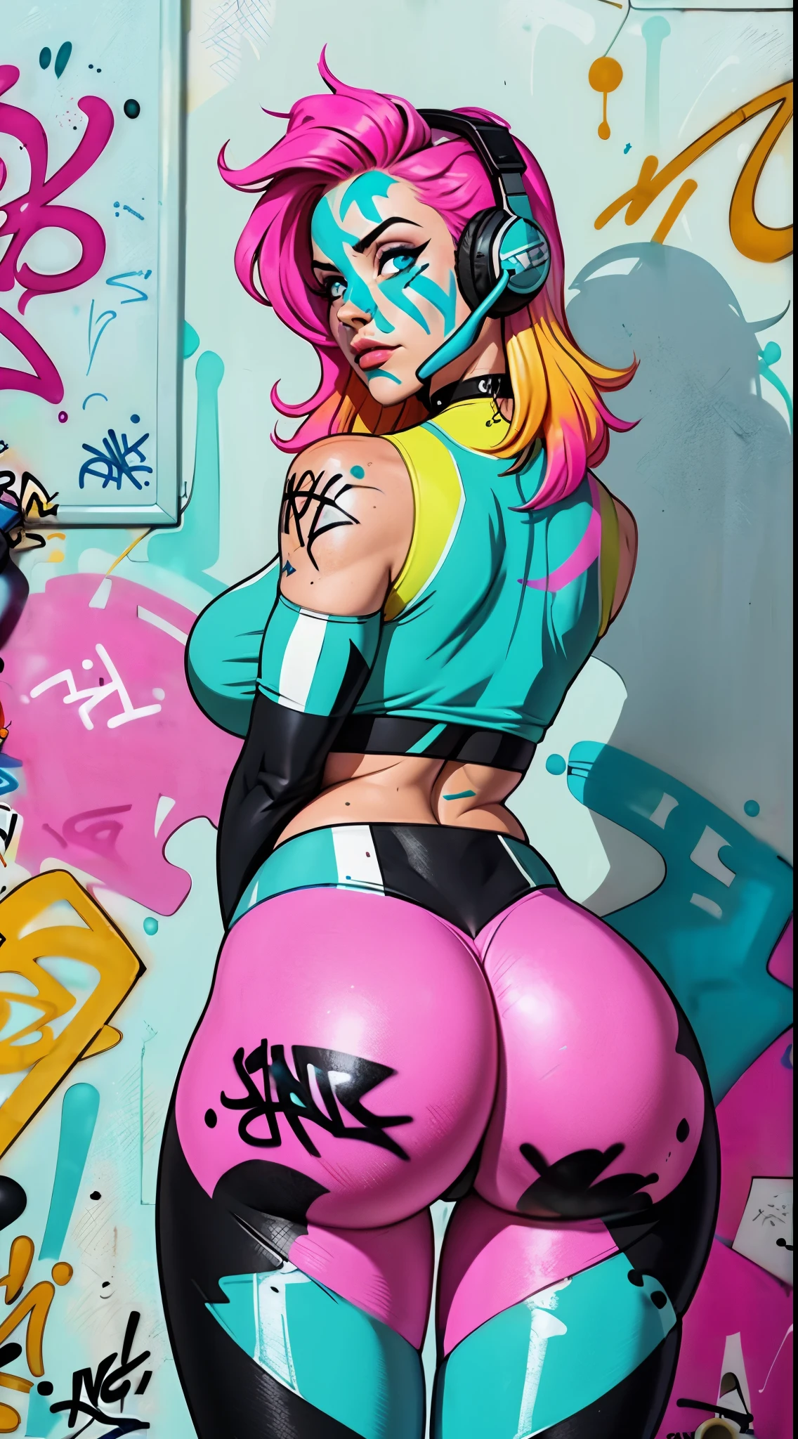  masterpiece, best quality, 25 years old beautiful woman, long hair, (mature face:1.4), 1woman, solo, crop top, gym leggings, choker, (from behind:1.4), plumb ass, thick thighs, thin waist, (graffiti:1.5), paint splatter, arms behind back, against wall, looking at viewer, armband, thigh strap, paint on body, head tilt, bored, multicolored hair (pink, blue), aqua eyes, headset