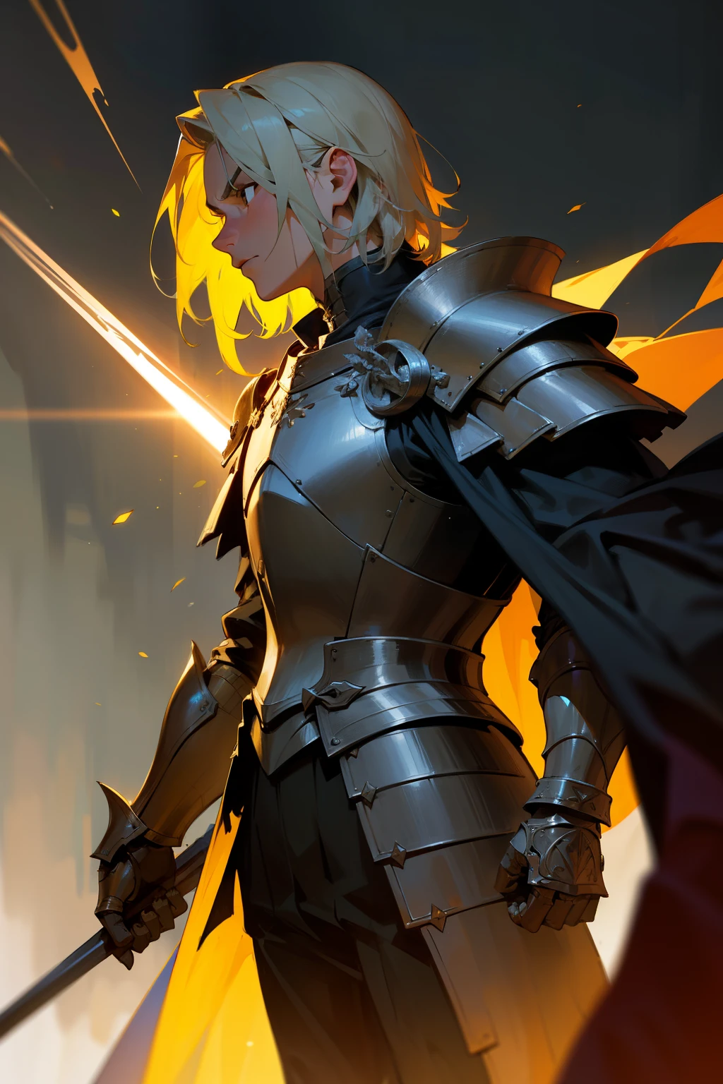 Make the knight a little more realistic with a sharper face profile and defined facial features. His armor gleams under the cinematic lighting, revealing intricate details etched into the metal. His eyes, sharp and focused, convey a sense of determination and courage. His expression is serious, yet subtle hints of emotion can be seen in the tight lines around his mouth and the furrowed brow. His hair, once simple and uniform, now boasts a natural texture with tiny imperfections and highlights, creating a more authentic look. His posture is unyielding, standing tall and proud, exuding an aura of strength and nobility. The knight's realistic design adds depth to the scene, immers