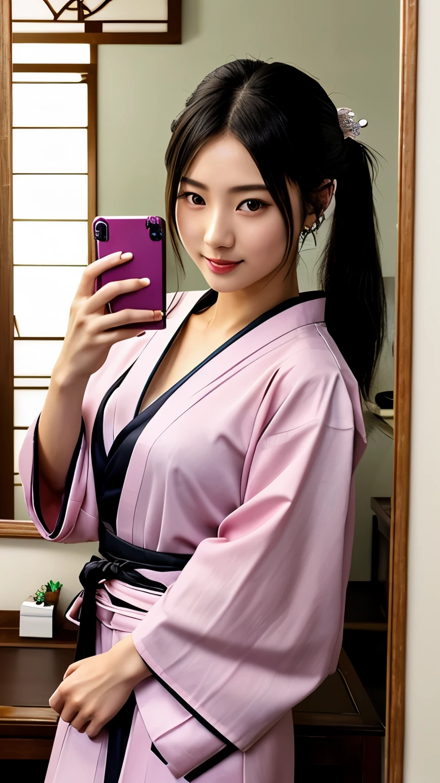 最high quality、high quality、best image quality、8K、最High resolution、High resolution、最high quality、masterpiece、realistic pictures、RAW photo、realistic atmosphere、(detailed face)、(fine hands、thumb1reference4)、(beauty of japan )、very nice face、cute face、((beautiful japanese girl))、(woman), ((18 year old beautiful girl))、(glossy black hair)、(straight long hair)、(ponytail)、whole body、slim style、(shiny skin)、(Fair skin, Glossy skin)、real human skin、realistic human body structure、perfect body, perfect face, perfect hands, perfect fingers, perfect lips, perfect eyes,perfect teeth、perfect background, perfect atmosphere, soft natural light、samurai kimono、maiko kimono、servant、geisha kimono、japanese kimono、Furisode、kimono、Yukata、japanese traditional、((There is a very large dressing table in the room..))、((colorful transparent see-through(flowery kimono、Hakama with side slits))、((Bend your knees and squat down in front of the mirror(open your legs wide))、((Hold your smartphone、Girl taking a selfie of herself in the mirror))