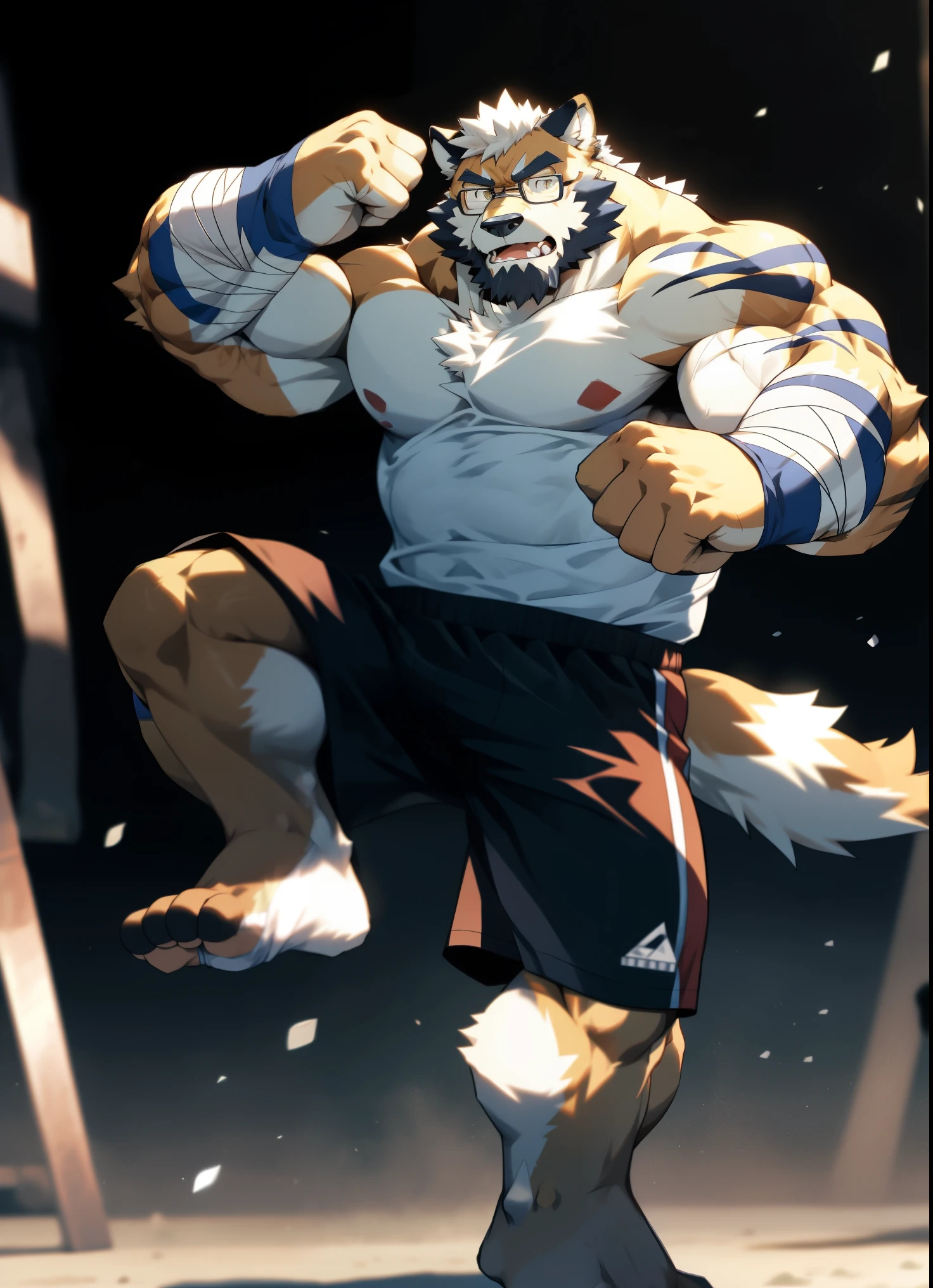hairy,Wolf,Black-rimmed glasses,Shirtless,Lower body shorts,Forearm covered with bandages,Hands covered with bandages,no gloves,The calves are covered with bandages,Feet covered with bandages,beard,There are scars on the face,golden fur,male,Common,full-body shot, dynamic poses,boxing match,Muay Thai,Kicking action,Detailed background,极其lifelike阴影,masterpiece,Very detailed,lifelike
