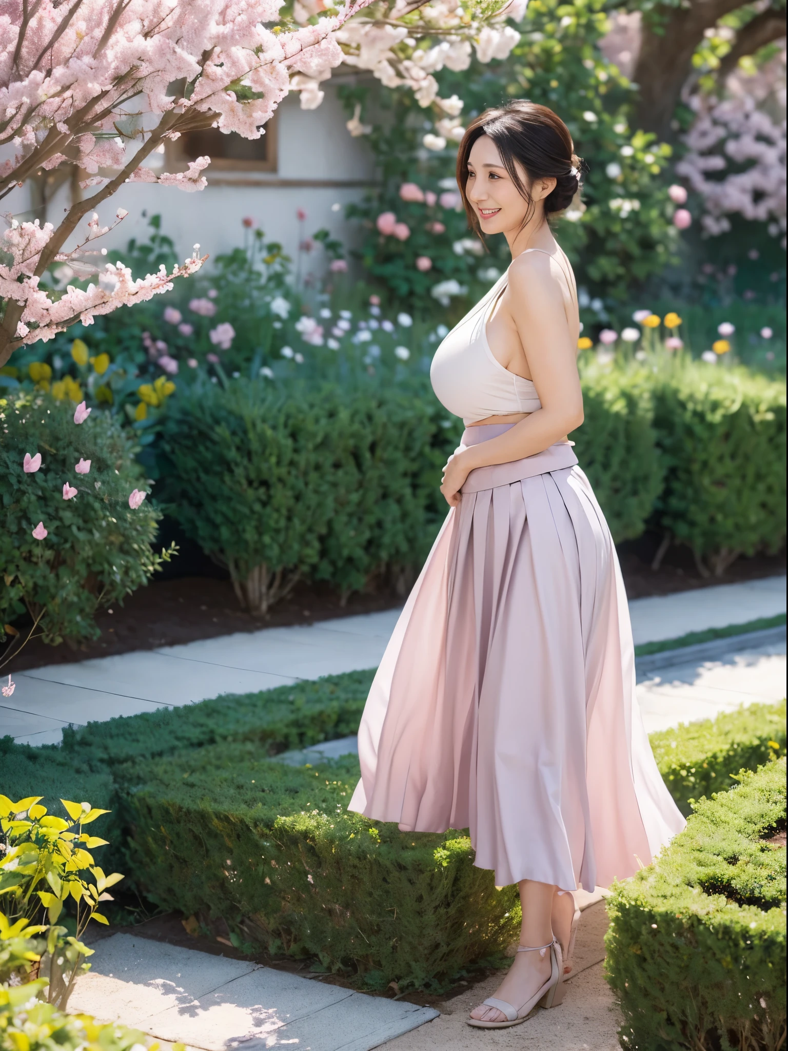 A woman standing in a garden with a pink skirt and a white top - SeaArt AI