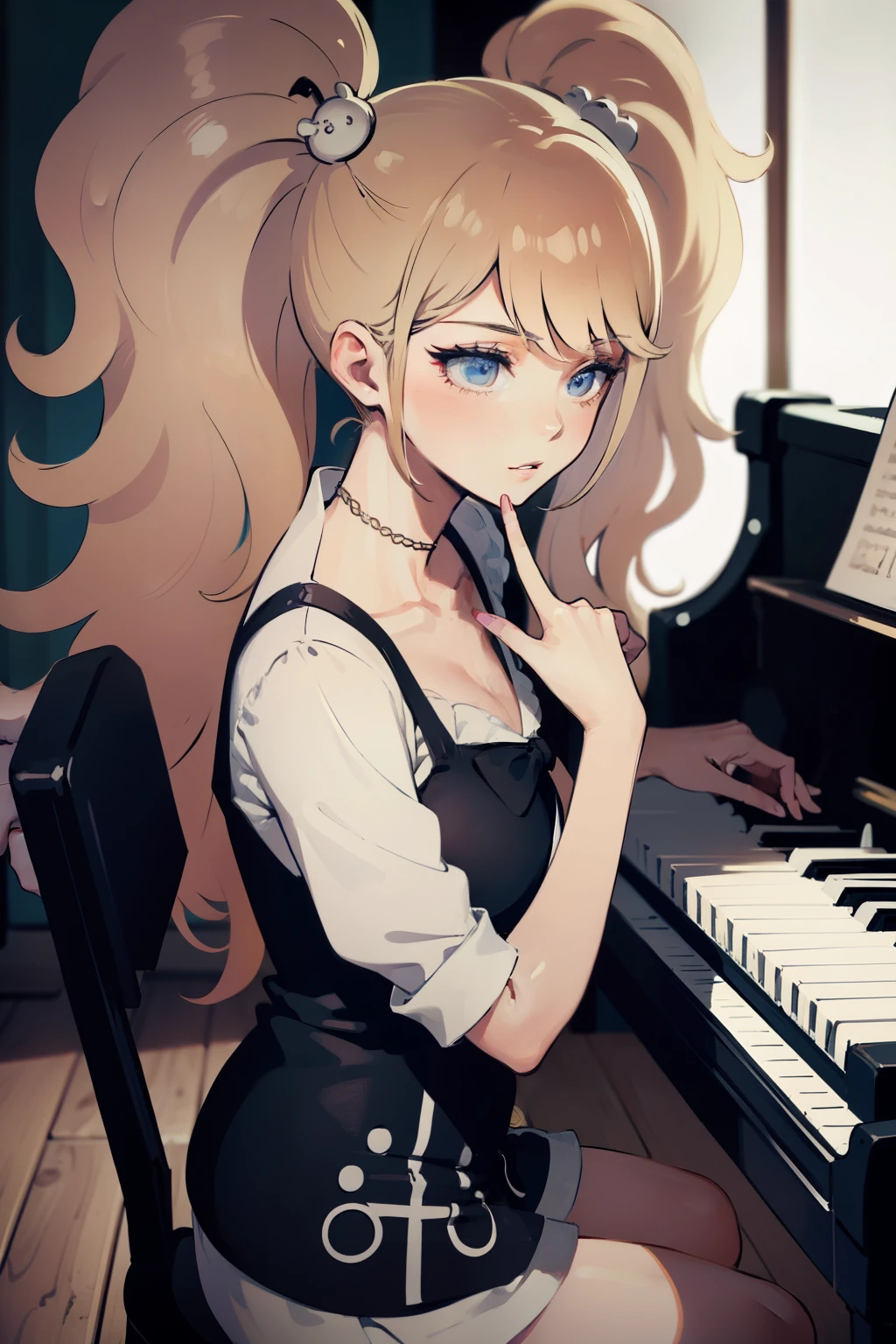 Gentle in the 60s、Female piano teacher with bobs hairstyle、Draw a picture of a cute girl giving piano lessons。