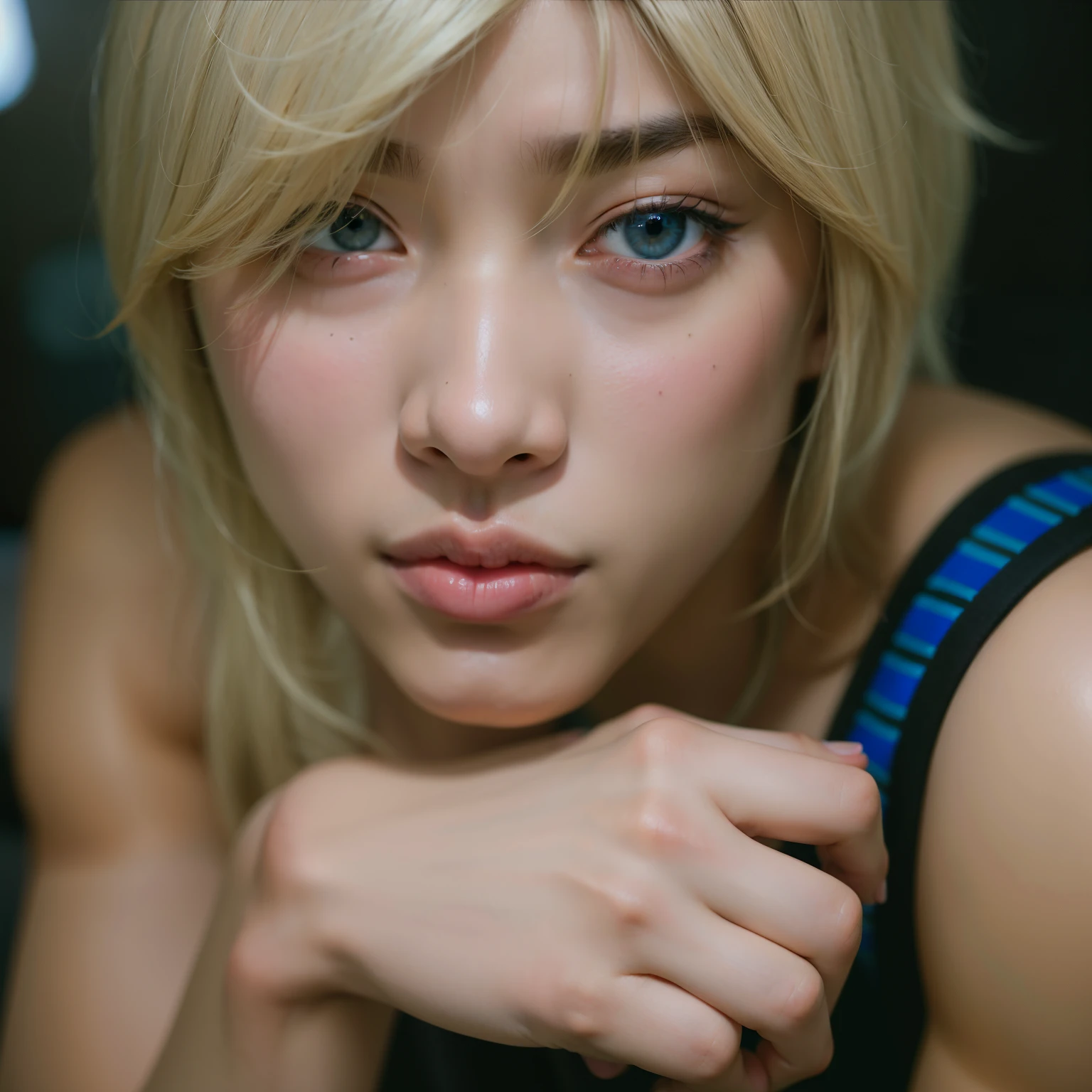 Hombre de pelo rubio con ojos azules y un top negro., TaeJune Kim, retrato de una mujer como reol, retrato de jossi de blackpink, sol yunjoo, steven jung, taehyung comiendo papas fritas gucci, kim doyoung, hyung tae, hong junio hyung, Primer plano - Toma de retrato, de mi parte, Jinyoung Shin, toru furuya, kpop idol portrait