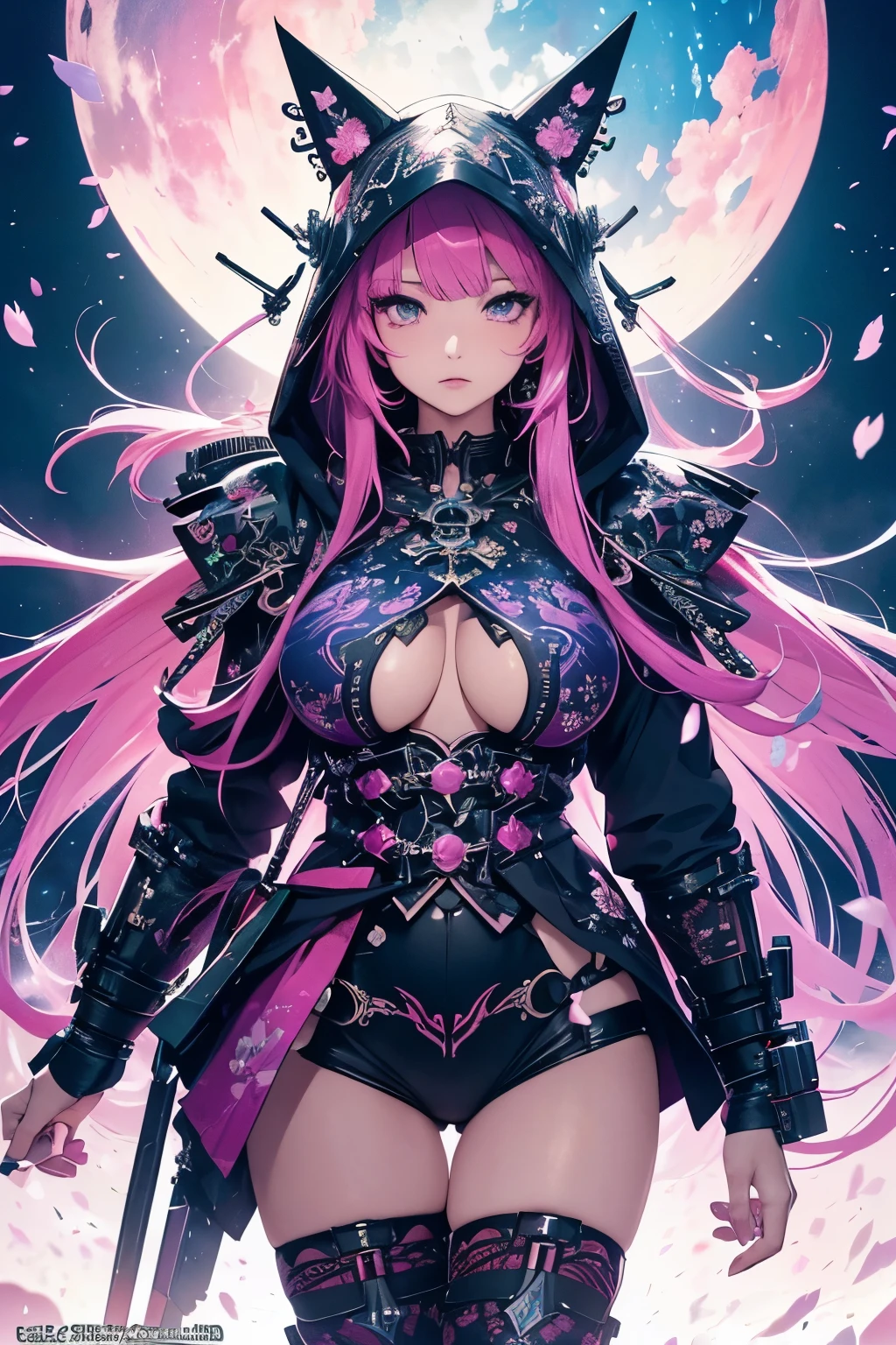 (masterpiece, top quality, best quality, official art, beautiful, cosmic, atmospheric, psychedelic, dreamlike and aesthetic, the most beautiful and highly detailed Harajuku-inspired hooded cyberpunk battle armor, super huge enormously gigantic tits, tons of tattoos and piercings:1.2), (1girl), extreme detailed,(fractal art:1.3),colorful,highest detailed, cherry blossoms blowing in the wind