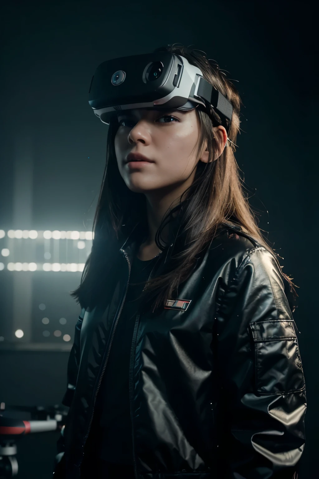 Best quality, young girl wearing VR glasses，Control the drone to fly，realistic images through AR，Record beautiful moments with your camera。 glimmering, , 2D, Cinematic, hyper HD,  The details are mysterious, Luminism,