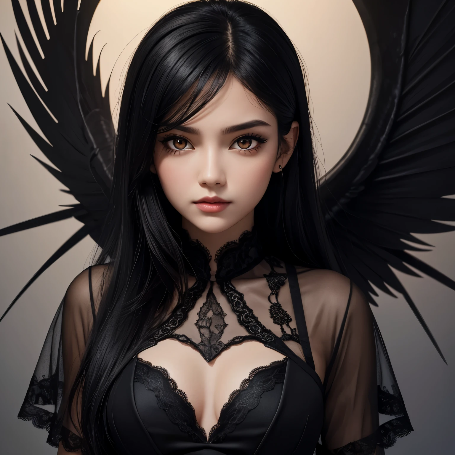 Girl, Black Hair,amber eyes, black lace clothing, ravenwings, oval face