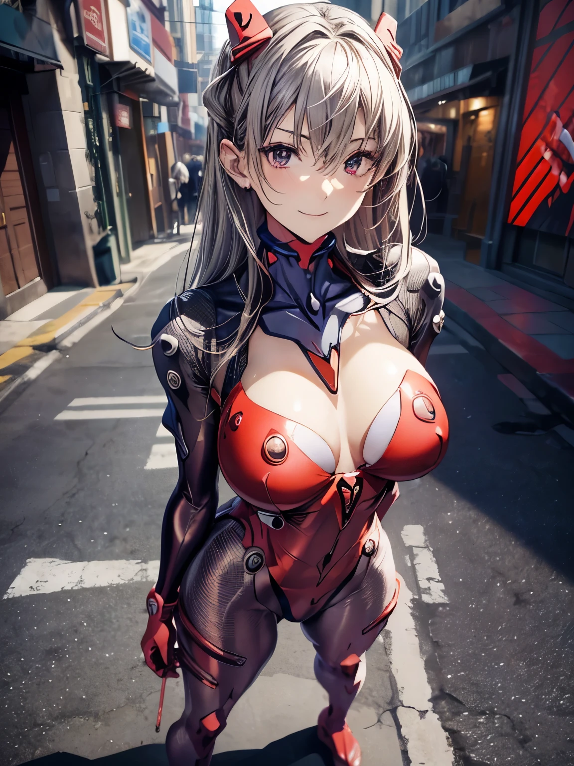highest quality、All limbs、full finger、1 girl、((one beautiful woman、solo))、silver haired woman、Shoulder-length medium hair、straight hair、big breasted woman、big smile、naughty pose、(((red full body evangelion plug suit:1.2)))、sexy pose、hands on hips