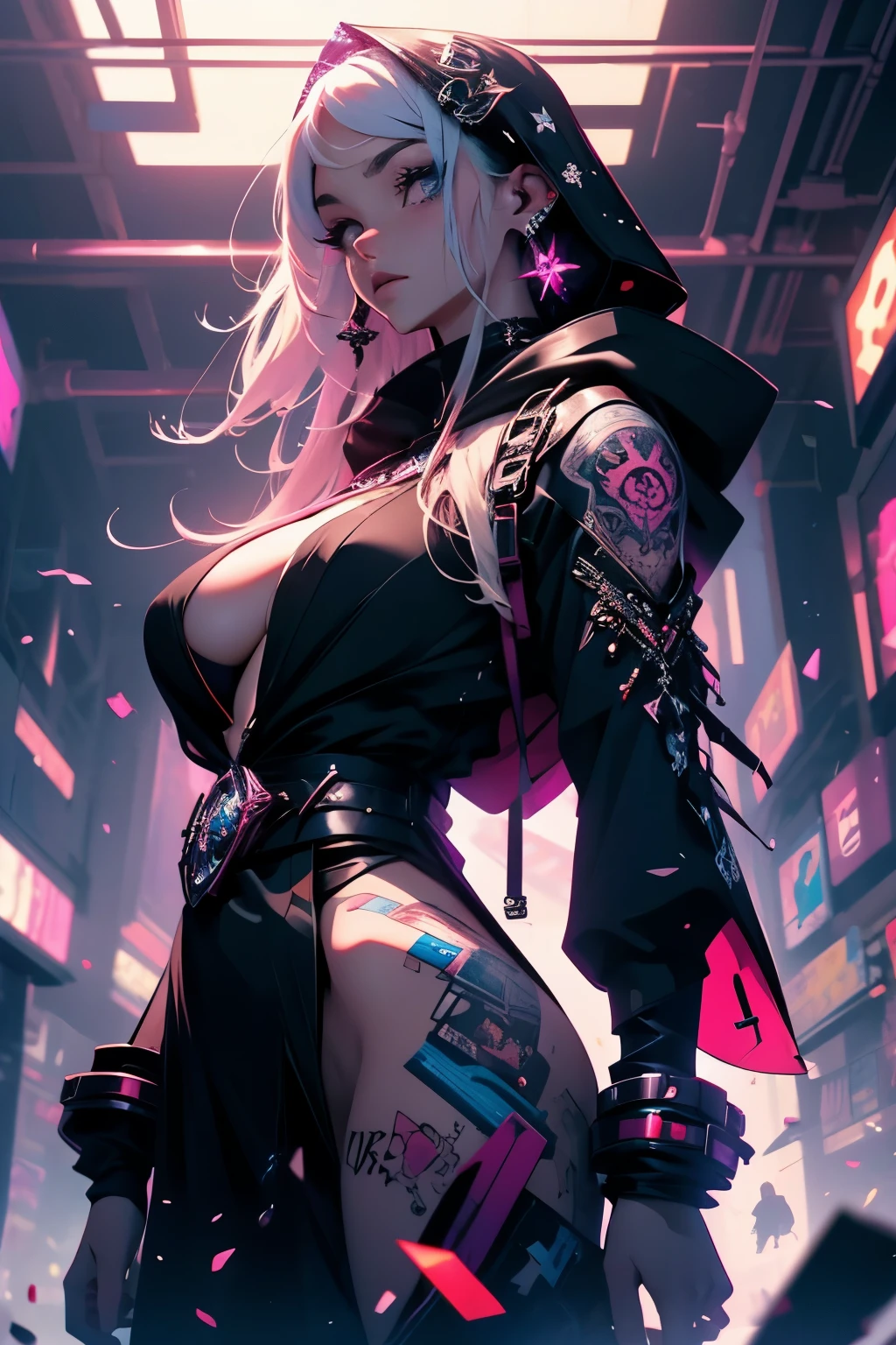 (masterpiece, top quality, best quality, official art, beautiful, cosmic, atmospheric, psychedelic, dreamlike and aesthetic, the most beautiful and highly detailed Harajuku-inspired hooded cyberpunk battle armor, super huge enormously gigantic tits, tons of tattoos and piercings:1.2), (1girl), extreme detailed,(fractal art:1.3),colorful,highest detailed, cherry blossoms blowing in the wind