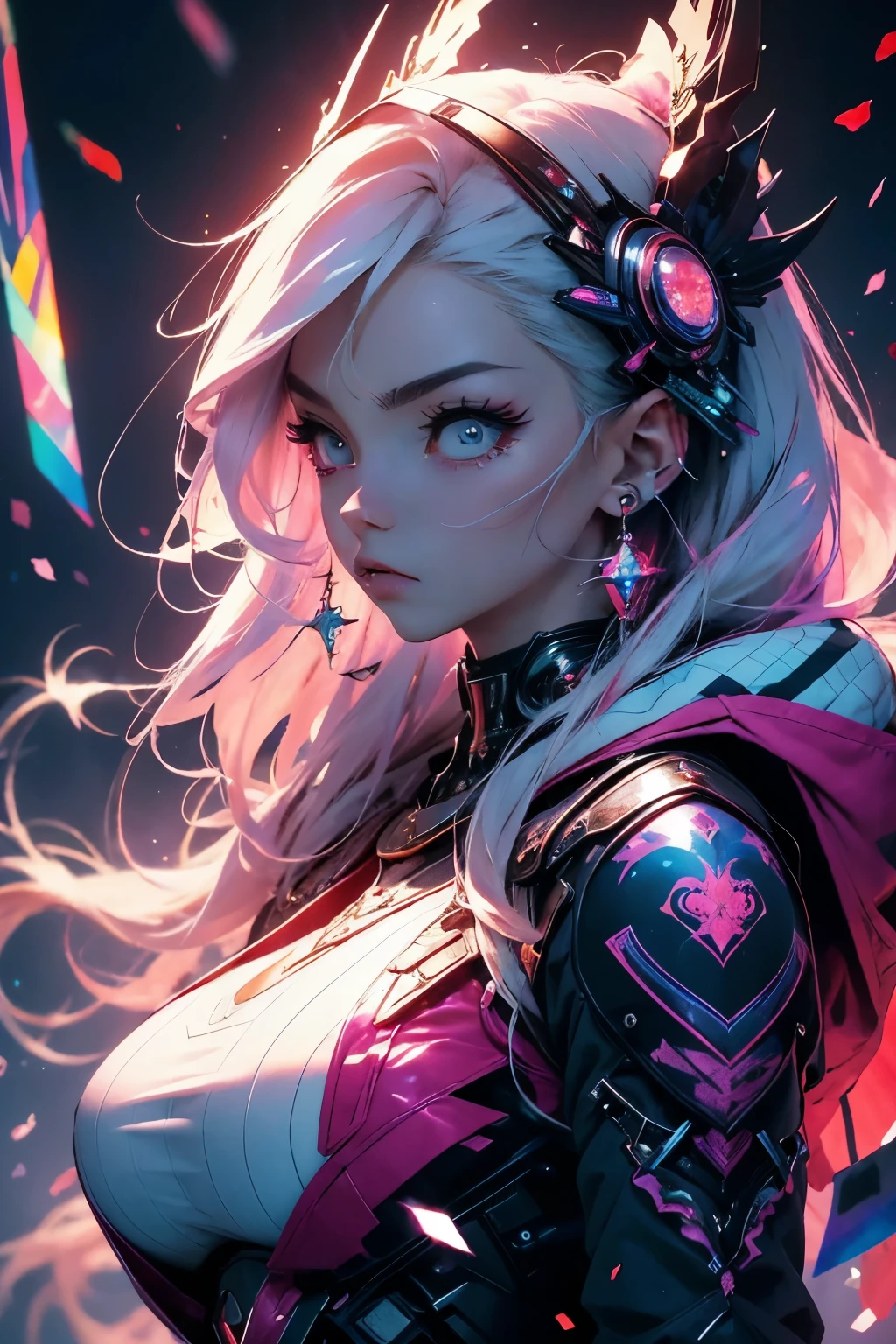 (masterpiece, top quality, best quality, official art, beautiful, cosmic, atmospheric, psychedelic, dreamlike and aesthetic, the most beautiful and highly detailed Harajuku-inspired hooded cyberpunk battle armor, super huge enormously gigantic tits, tons of tattoos and piercings:1.2), (1girl), extreme detailed,(fractal art:1.3),colorful,highest detailed, cherry blossoms blowing in the wind