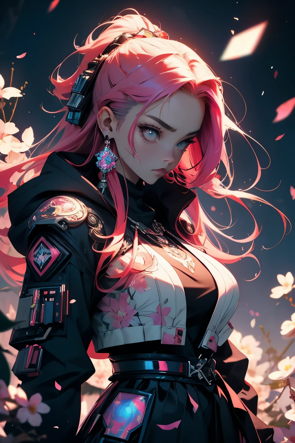 (masterpiece, top quality, best quality, official art, beautiful, cosmic, atmospheric, psychedelic, dreamlike and aesthetic, the most beautiful and highly detailed Harajuku-inspired hooded cyberpunk battle armor, super huge enormously gigantic tits, tons of tattoos and piercings:1.2), (1girl, red hair), extreme detailed,(fractal art:1.3),colorful,highest detailed, cherry blossoms blowing in the wind