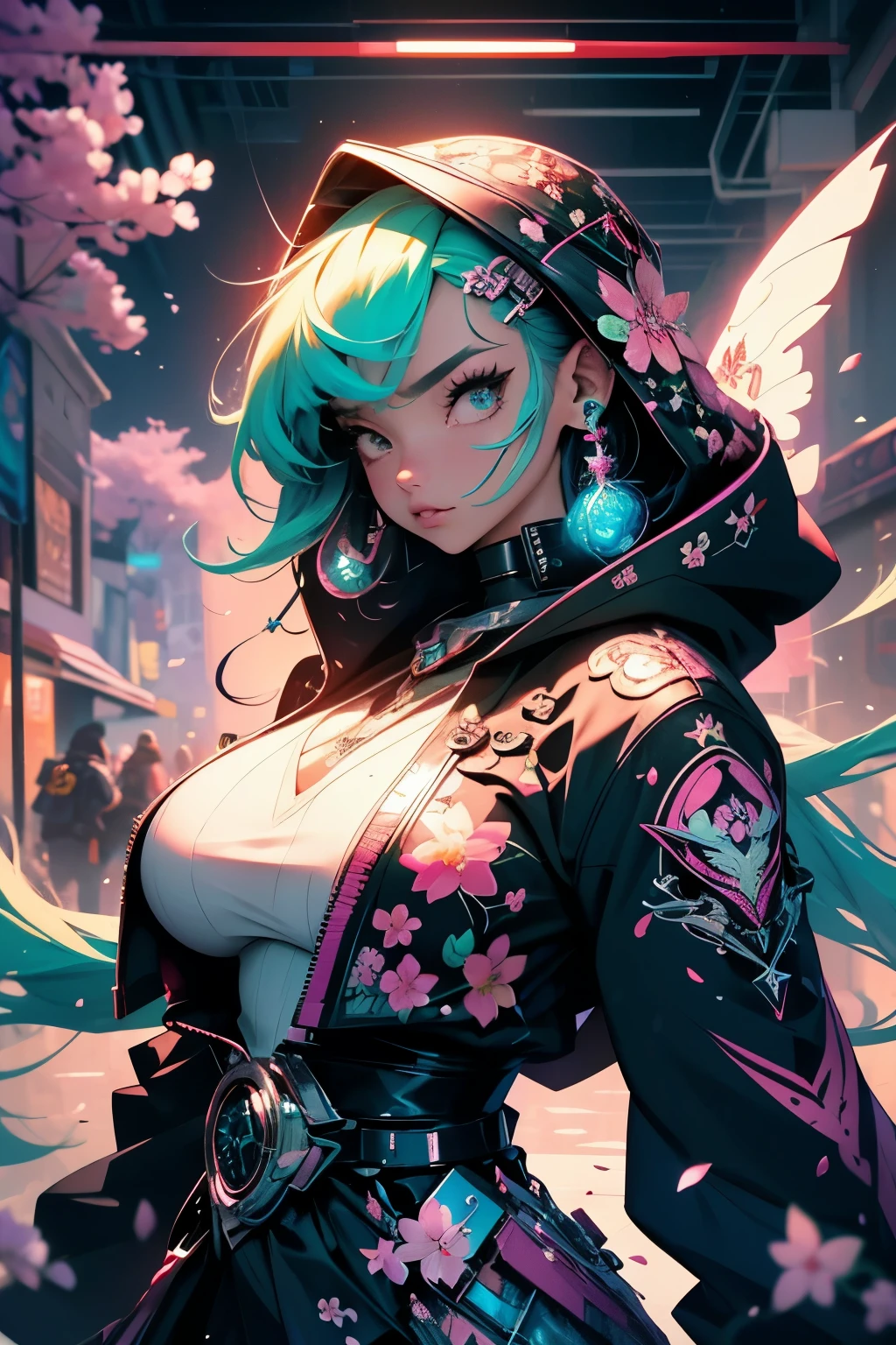 (masterpiece, top quality, best quality, official art, beautiful, cosmic, atmospheric, psychedelic, dreamlike and aesthetic, the most beautiful and highly detailed Harajuku-inspired hooded cyberpunk battle armor, super huge enormously gigantic tits, tons of tattoos and piercings:1.2), (1girl, neon green hair, dynamic sexy seductive slutty pose), extreme detailed,(fractal art:1.3),colorful,highest detailed, cherry blossoms blowing in the wind
