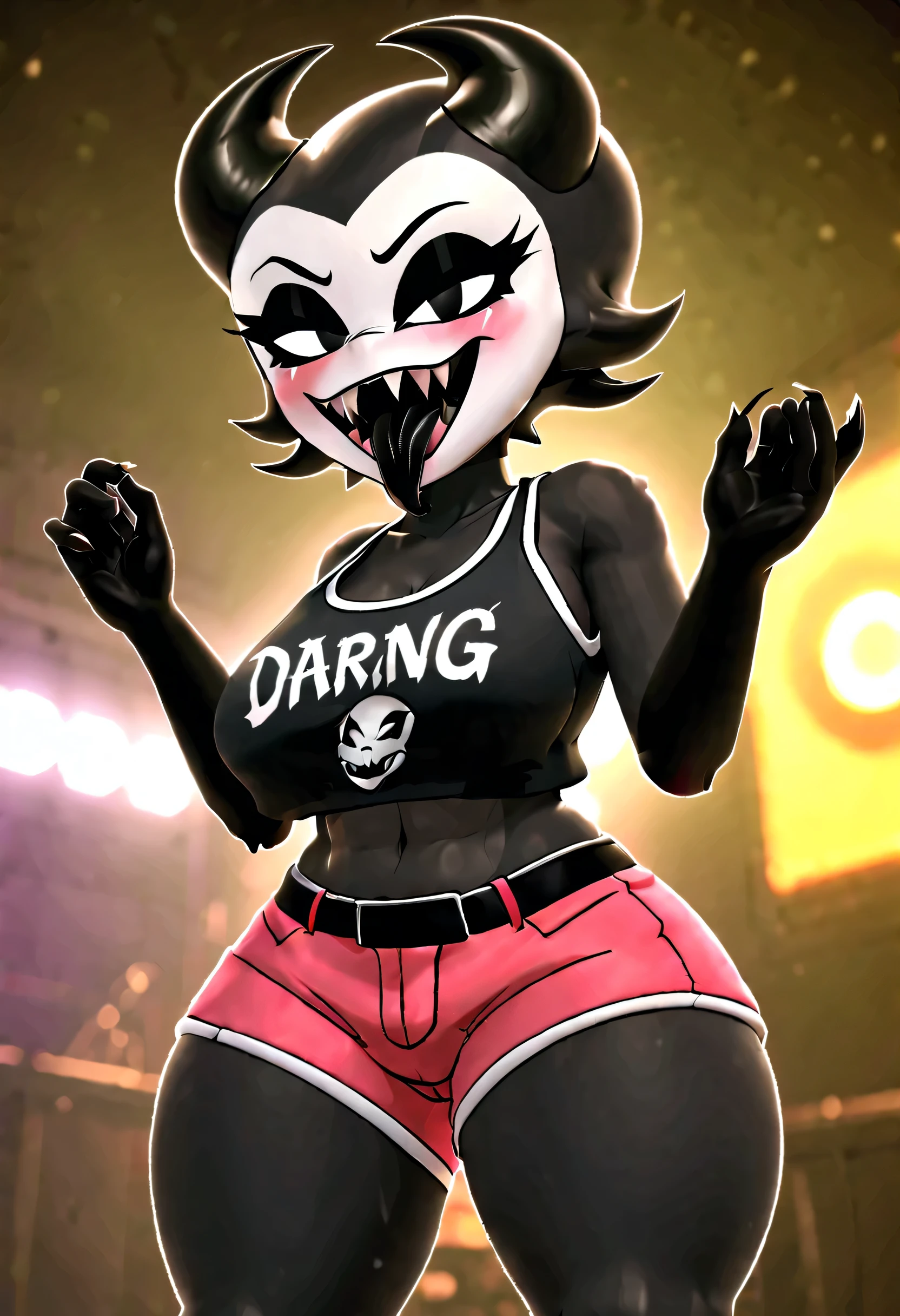 (best quality, masterpiece1.2), 1girl, solo, antro, cally3d, punk girl, club, (black body), (ink darling), horns, black horns, sharp teeth, devil tail, devil tank top, risqué shorts, blush, woman, black eyes, (black sclera), white face, sexy, detailed, extreme detail, perfect lighting, 4k, open mouth, ink black body, arms down, surreal elements, intricate details, intricate details, (mature woman), tall, tongue out, black tongue,