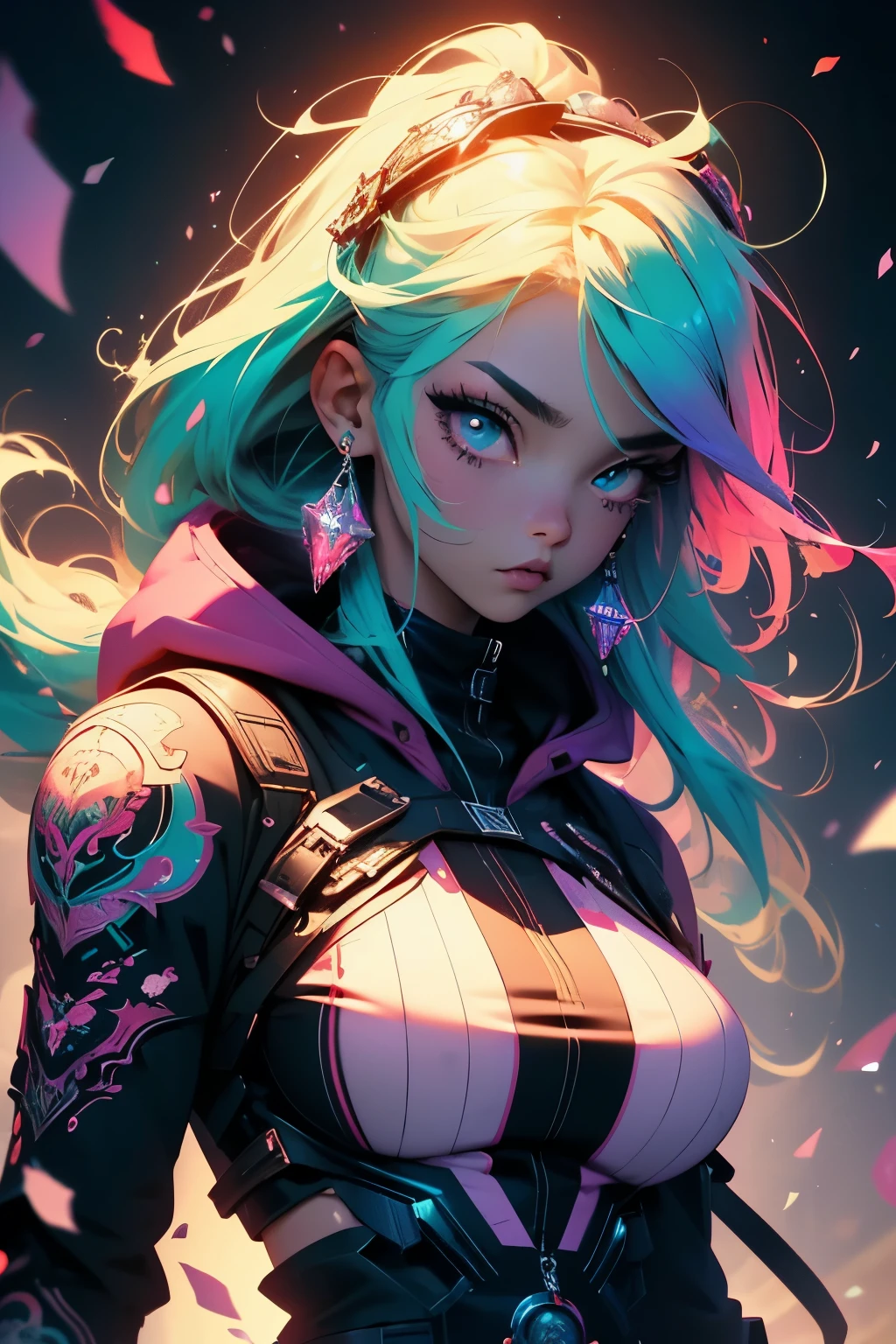 (masterpiece, top quality, best quality, official art, beautiful, cosmic, atmospheric, psychedelic, dreamlike and aesthetic, the most beautiful and highly detailed Harajuku-inspired hooded cyberpunk battle armor, super huge enormously gigantic tits, tons of tattoos and piercings:1.2), (1girl, neon green hair, dynamic sexy seductive slutty pose), extreme detailed,(fractal art:1.3),colorful,highest detailed, cherry blossoms blowing in the wind