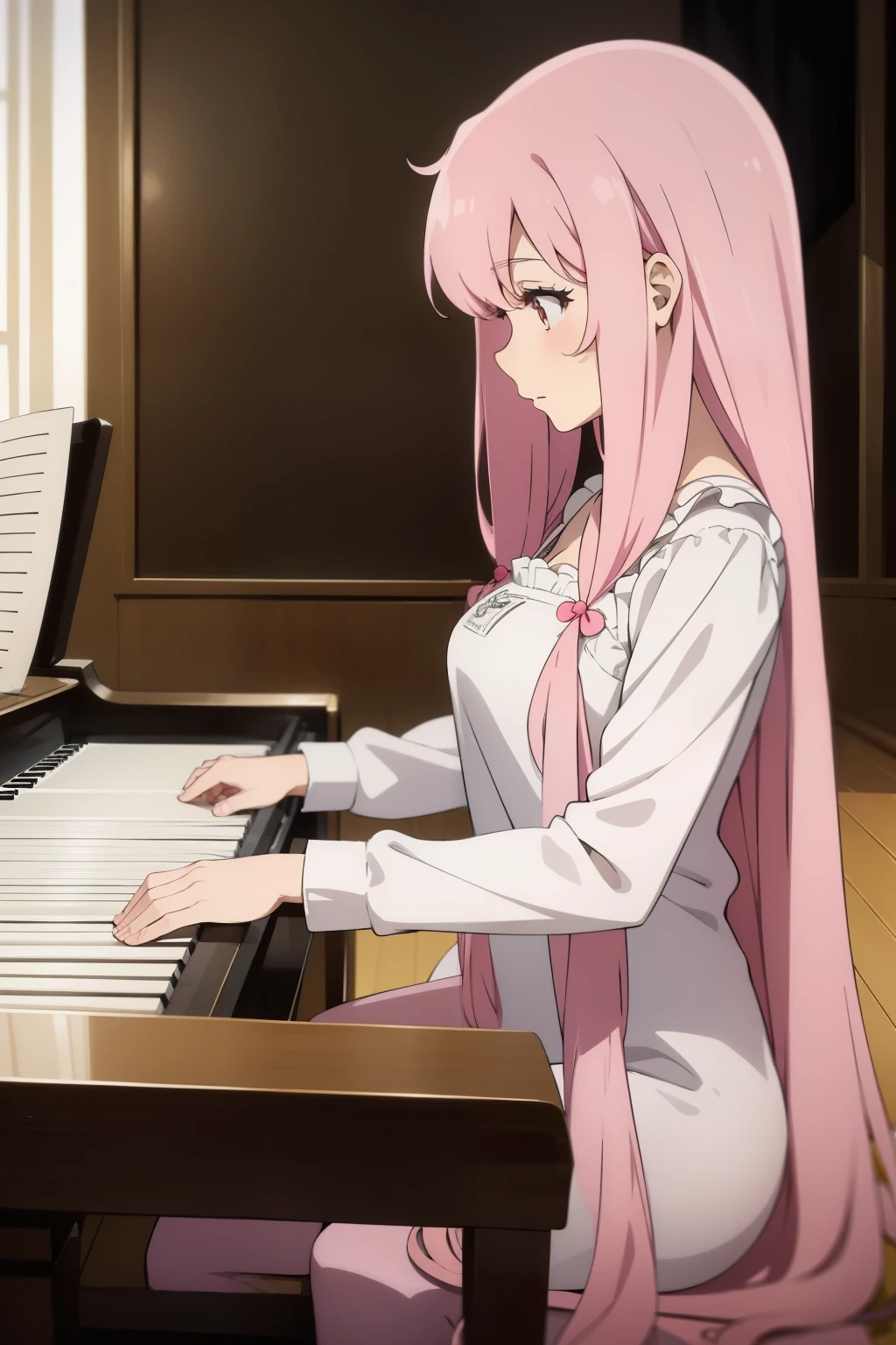 Gentle in the 60s、Female long pink hair piano teacher with bobs hairstyle、Draw a picture of a cute girl giving piano lessons。piano antiguo 