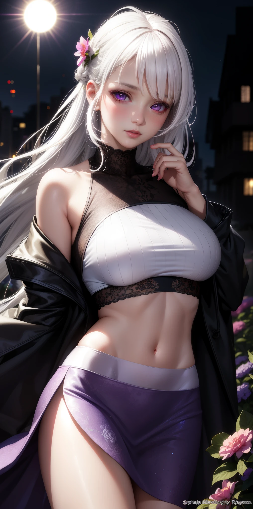 realistic, 1girl, white hair, purple eyes, glowing eyes, crop top, skirt, parted lips, blush, night, flowers, sun, sunlight,